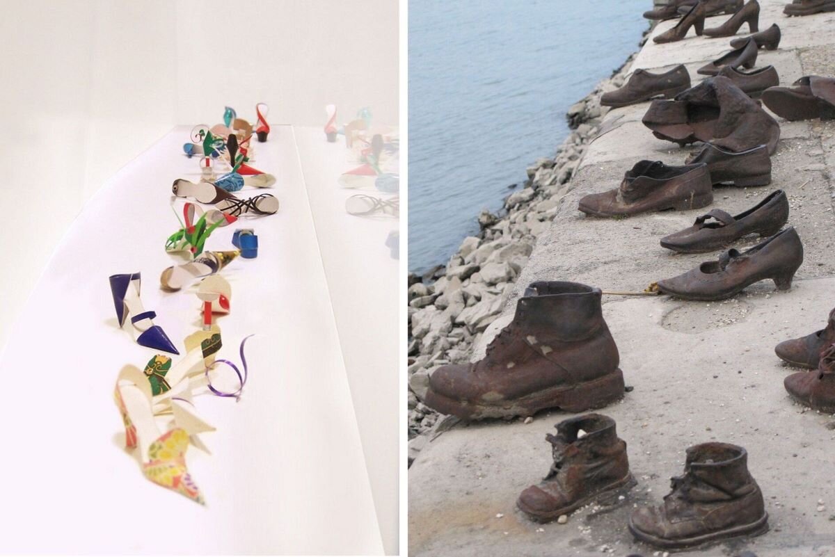 Ilustracja przedstawia dwie fotografie instalacji rzeźbiarskich z butów. Zdjęcie po lewej stronie ukazuje kilkanaście swobodnie ułożonych, damskich butów, wykonanych z papieru o różnych kolorach i wzorach. Na ilustracji umieszczony jest interaktywny punkt z informacją: Kompozycja rzeźbiarska składająca się z 25 miniaturowych butów została wykonana z papieru. Jej twórcą jest amerykański artysta Carlos N. Molina. Drugie zdjęcie to różnej wielkości buty damskie, męskie i dziecięce odlane z żeliwa i ułożone na betonowej płycie nad brzegiem morza. Na ilustracji umieszczony jest interaktywny punkt z informacją: Budapesztański pomnik „Buty na brzegu Dunaju”, zaprojektowany przez artystę Gyulę Pauera, został odlany z żeliwa.