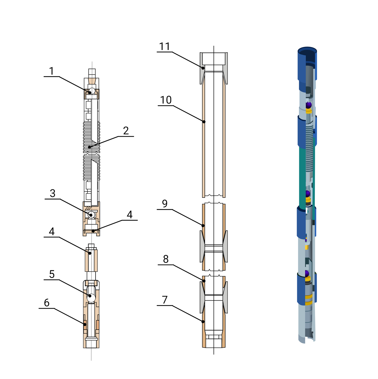 Na rysunku widać po lewej stronie dwa kolorowe schematy przedstawiające budowę pompy rurowej z tłokiem z uszczelnieniem (TPC) oraz animowany model tej pompy widoczny po prawej stronie. Pompa rurowa jest to urządzenie wykorzystywane do pompowania dużych ilości wody na niskie wysokości. Z lewej strony rysunku widać pierwszy fragment pompy rurowej wraz z opisami poszczególnych jej elementów. Przedstawiony na ekranie fragment pompy składa się z dwóch części o kształtach zbliżonych do cienkich podłużnych prostokątów ustawionych w linii jeden nad drugim. Na górze pierwszego prostokąta widać kwadratowy biały element który osadzony jest zarówno na górnej krawędzi prostokąta, która stanowi dłuższą podstawę łososiowego trapezu. Krótsza podstawa trapezu połączona jest z kwadratem którego dolna cześć osadzona jest na okręgu. Do okręgu przypisana jest cyfra 1  oznaczająca górny zawór tłokowy. Pod okrągłym elementem znajduje się cienki biały prostokąt o orientacji poziomej. Z prawej strony prostokąta biegnie pionowo w dół cienki trapez prostokątny. Część dolnej krawędzi prostokąta stanowi krótszy bok trapezu. Z lewej strony prostokąta znajdują się cienkie dwa prostokąty o orientacji pionowej. Prostokąty sięgają do około połowy długości trapezu prostokątnego. Poniżej prostokątów do połowy długości zewnętrznego prostokątnego kształtu znajdują się poziome linie przypominające harmonijkę. Do harmonijki z lewej strony przyłączona jest cyfra 2 oznaczająca tłok z uszczelnieniem. Dolna połowa elementy stanowi odbicie lustrzane to znaczy prostokątny element wypełniony jest harmonijkowym kształtem a po prawej stronie elementu widać trapez prostokąty. Po lewej stronie elementu obok trapezu znajdują się dwa pionowe prostokąty. Pod trapezem na łososiowym tle widać okrągły element osadzony na dwóch cienkich prostokątach. Prostokątach pod okręgiem jest węższy w porównaniu z prostokątem znajdującym się poniżej. Do okrągłego elementu przypisana jest cyfra 3 oznaczająca dolny zawór tłokowy. Pod zaworem tłokowym umieszczony jest cienki prostokąt o orientacji poziomej który łączy się z oboma bokami elementu. Do prostokąta przypisana jest cyfra4 oznaczająca tuleje łącznikową zaworu stopowego.Drugi fragment elementu widocznego na rysunku z lewej strony ekranu jest o kształcie podłużnego prostokąta. Górna cześć urządzenia stanowi niewielki, cienki biały prostokąt o szerokości mniejszej niż szerokość podstawowego elementu. W górnej części elementu widać wpisany w zewnętrzy prostokąt cienki podłużny prostokąt biegnący od podstawy górnej prostokąta zewnętrznego pionowo w dół. Przestrzeń wolna pomiędzy elementami jest w kolorze łososiowym. Na górze wewnętrznego prostokąta widać czarny punktor z cyfrą 4 czyli tuleją łącznikową zaworu stopowego. Długość tulei stanowi około jedną czwartą całości elementu. Pod tuleją znajduje się biały prostokąt nieznacznie szerszy od elementu tulei. Górna połowa prostokąta nie jest wpisana w żaden element. Dolna połowa elementy jest wpisana w prostokąt. Prawa krawędź prostokąta jest pogrubiona. Boczne przestrzenie w dolnej części elementu są w kolorze łososiowym. Pod prostokątnym elementem znajduje się okrąg. Na górnej krawędzi okręgu widać czarny punktor z przypisaną cyfrą 5 jest to zawór stopowy. Poniżej zaworu stopowego widać dwa prostokątne elementy. Oba prostokąty są wpisane w prostokątny kształt całego elementu. Pierwszy górny prostokąt jest podłużnym elementem zorientowanym w sposób pionowy. Dolna podstawa prostokąta jest w kształcie lejka. Do podstawy przyłączony jest drugi prostokąt wyglądem zbliżonym do kwadratu. Boczne przestrzenie pomiędzy elementami a krawędziami zewnętrznymi elementu są w kolorze łososiowym. Na wysokości podstawy podłużnego prostokąta pomiędzy obiema krawędziami bocznymi a wewnętrznym elementem znajduje się cienki prostokąt w kolorze ciemno łososiowym. Do lewego cienkiego prostokąta przyłączony jest punktor z cyfrą 6 oznaczającą pierścień oporowy.Na schemacie po środku widać element który jest podzielony na trzy fragmenty.Pierwszy fragment jest o kształcie prostokąta. Wewnątrz niego znajduje się drugi biały prostokąt który wypełnia prawie całą przestrzeń zewnętrznego elementu. Puste miejsca pomiędzy krawędziami elementu wewnętrznego a zewnętrznego są w kolorze łososiowym. Na górze elementu, po obu jego stronach, widać szare zgrubienie, które wraz z elementem wewnętrznym tworzy literkę H. Do prawej nogi elementu przyłączony jest punktor z liczbą 11 oznaczającą złączkę mufową. Wewnętrzna belka z litery H jest w kształcie cienkiego prostokąta o orientacji poziomej. Element ten znajduje się na samej górze pierwszego fragmentu urządzenia. Po lewej stornie do łososiowego tła przypisana jest liczba 10 oznaczająca łącznik górny.Drugi element stanowi krótsze powtórzenie wcześniejszego kształtu. W krótkim prostokącie umieszczony jest drugi wewnętrzny prostokąt który wypełnia prawie całą przestrzeń zewnętrznego elementu. Puste miejsca pomiędzy elementami są w kolorze łososiowym. Na lewej górnej krawędzi umieszczony jest czarny punktor z przypisaną liczbą 9 oznaczająca cylinder. W jednej trzeciej wysokości elementu (liczonej od dołu) na zewnętrznych ścianach prostokąta znajduje się szare zgrubienie które wraz z wewnętrznym cienkim białym prostokątem o orientacji poziomej tworzy literkę H.Trzeci segment jest w dużej części powtórzeniem drugiego segmentu. W prostokącie o podobnej długości umieszczony jest drugi wewnętrzny prostokąt który wypełnia prawie całą przestrzeń zewnętrznego elementu. Puste miejsca pomiędzy elementami są w kolorze łososiowym. W górnej części, po lewej stronie elementu na łososiowym tle znajduje się punktor z cyfrą 8<.mn> oznaczającą łącznik dolny. W jednej trzeciej wysokości zewnętrznego elementu (liczonej od góry) na zewnętrznych ścianach prostokąta znajduje się szare zgrubienie które wraz z wewnętrznym grubym białym prostokątem o orientacji poziomej tworzy literkę H. W dolnej części do podstawy dolnej prostokąta dołączone są trzy kolejne prostokąty. Pierwsze dwa ulegają stopniowemu zwężeniu. Trzeci ma szerokość odpowiadającą głównemu wewnętrznemu prostokątowi. Dodatkowo po lewej stronie na łososiowym tle w punkcie odpowiadającym końcowi głównego wewnętrznego prostokąta znajduje się czary punktor z przypisaną cyfrą 7 oznaczającą zaczep zaworu stopowego. Model pompy widoczny po prawej stronie rysunku składa się z rury szarej u dołu. W rurze znajduje się szary walec z dwoma żółtymi paskami. Nad walcem znajduje się niebieski pierścień z zieloną kulką. Fragment od pasków do kulki owinięty jest zielonym cylindrem. Następna jest niebieska część. Złączenie szarej i niebieskiej części owinięte jest zielonym cylindrem. Na wysokości złączenia znajduje się mały szary walec, ciemnoszary pierścień, niebieski pierścień oraz zielona kulka. Nad zieloną kulką znajdują się dwa malutkie szare walce na których nawinięty jest pierścieniowy element przypominający sprężynę. Element ten ciągnie się do dwóch żółtych pierścieni zakończonych niebieską kulą, które będą opisane w dalszym fragmencie. Reszta niebieskiej części rury zabudowana jest przez błękitne walce. Następna jest szara część. Połączenie niebieskiej i szarej części owinięte jest zielonym cylindrem. W środku nad cylindrem znajduje się niebieski pierścień, zielona kulka oraz mała ciemnoszara główka na małym szarym walcu, a dalej pusta przestrzeń. Sama góra szarej części zakończona jest zielonym cylindrem. Pod rysunkiem znajdują się kolejne cyfry z następującymi opisami elementów: 1 czyli górny zawór tłokowy, 2 czyli tłok z uszczelnieniem, 3 czyli dolny zawór tłokowy, 4 czyli tuleja łącznikowa zaworu stopowego, 5 czyli zawór stopowy, 6 czyli pierścień oporowy, 7 czyli zaczep zaworu stopowego, 8 czyli łącznik dolny, 9 czyli cylinder, 10 czyli łącznik górny, 11 czyli złączka mufowa.