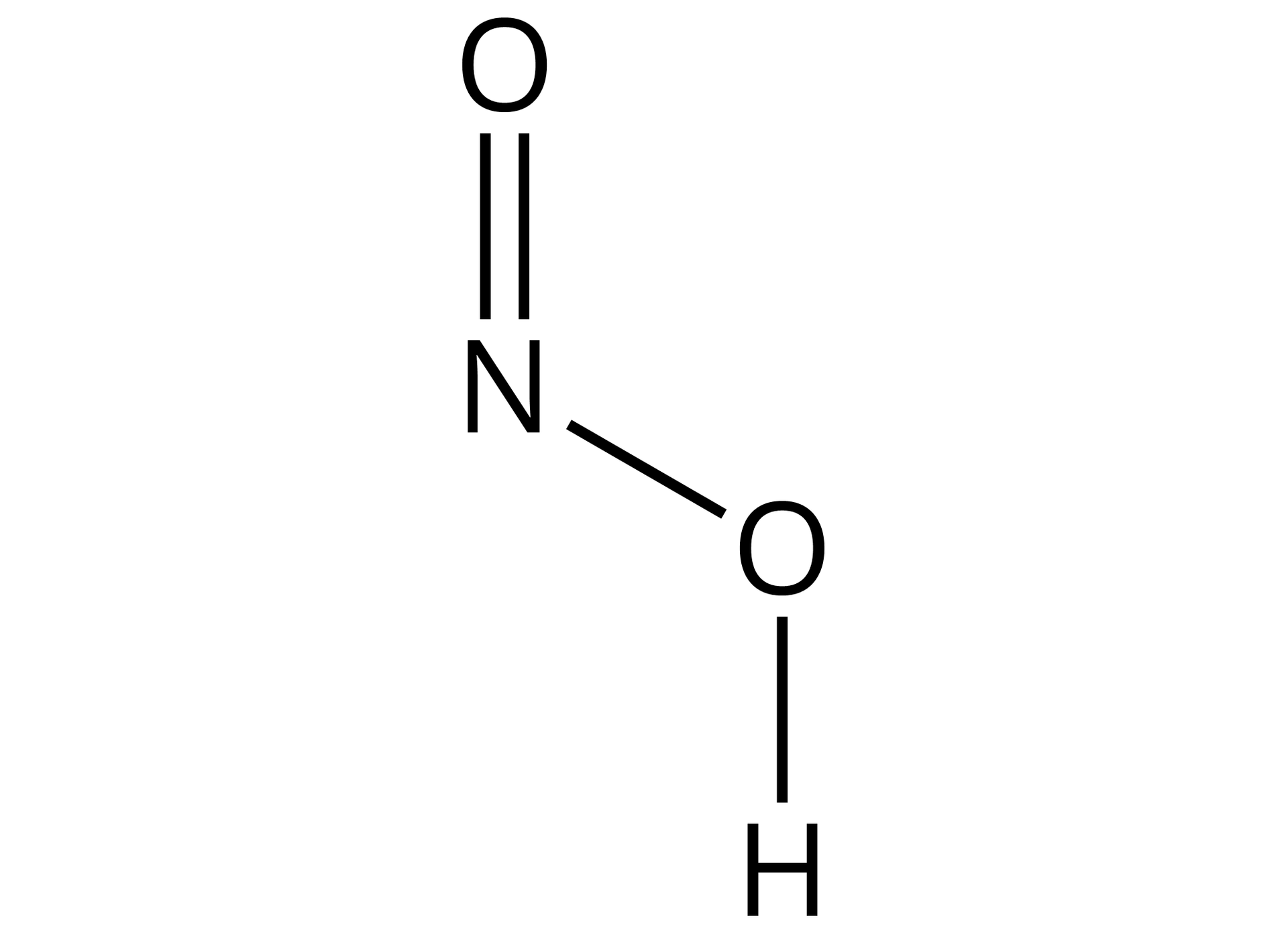 Ilustracja przedstawiająca wzór kwasu azotowego(<math aria‑label="trzy">III) zbudowanego z atomu azotu N, od którego odchodzi jedno wiązanie podwójne łączące go z atomem tlenu oraz jedno wiązanie pojedyncze również łączące go z atomem tlenu, który to związany jest za pomocą wiązania pojedynczego z atomem wodoru.