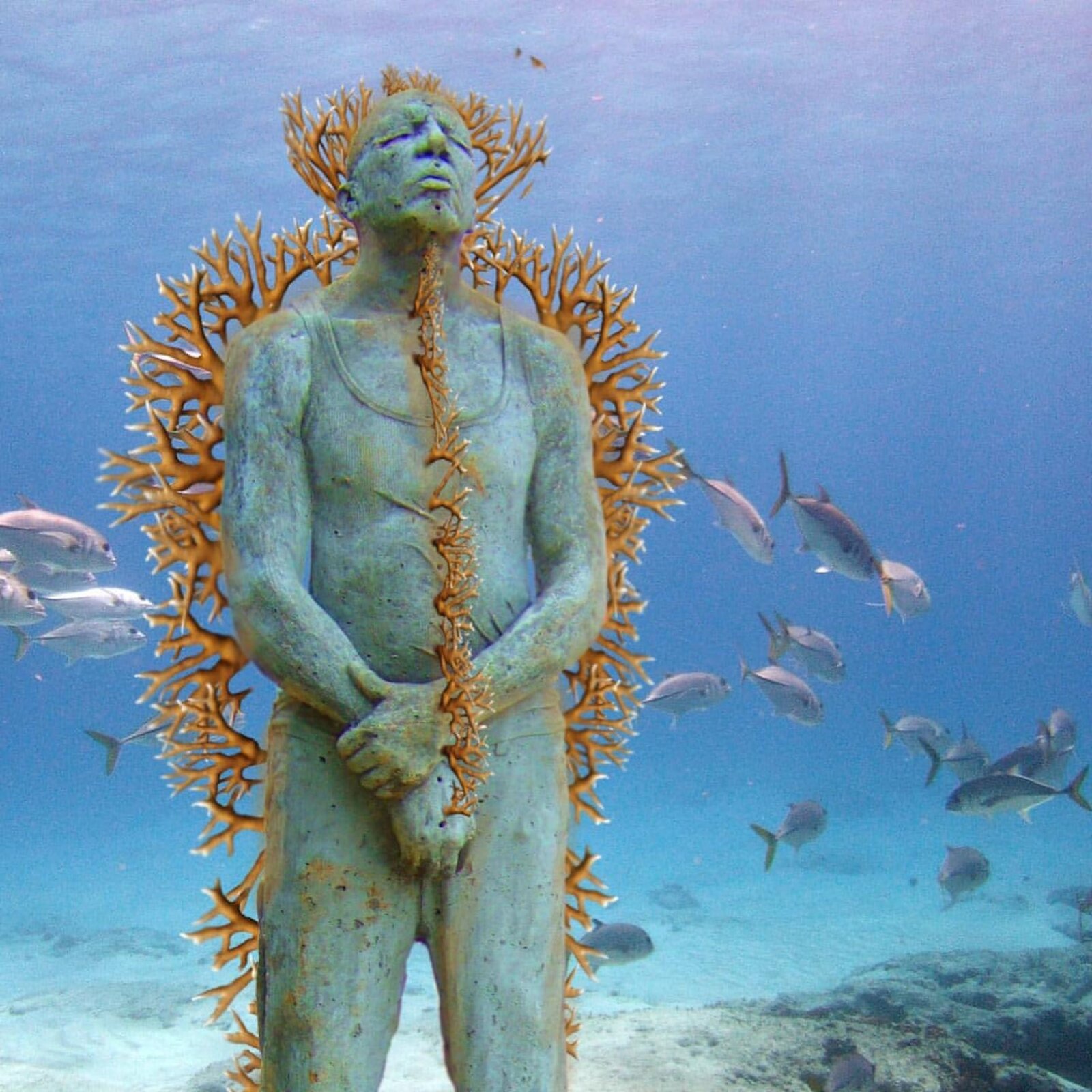 Ilustracja przedstawia stojącą na dnie morza rzeźbę mężczyzny o surowym wyrazie twarzy. Rzeźba ma na sobie koszulkę na ramiączkach oraz spodnie. Jedną ręką łapie nadgarstek drugiej ręki. Dookoła i wzdłuż ciała rzeźby widoczny jest pomarańczowy element rafy koralowej, ponieważ niektóre z rzeźb zostały stworzone w taki sposób, aby służyć jako sztuczne rafy, zapewniając siedliska dla rozwoju życia morskiego, w tym dla raf koralowych, ryb i innych organizmów morskich. W tle widać także płynące wokół rzeźby ryby.