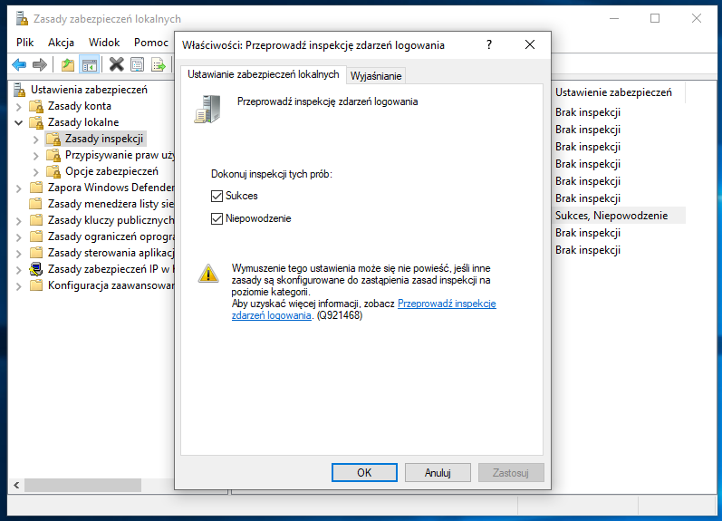 Zrzut ekranu przedstawia okno dialogowe  Właściwości: Przeprowadź inspekcję zdarzeń logowania.  Podświetlona jest zakładka: ustawienia zabezpieczeń lokalnych.  Poniżej zaznaczono opcje: Sukces oraz Niepowodzenie.  Okno to posiada takie przyciski jak ok, anuluj, zastosuj.