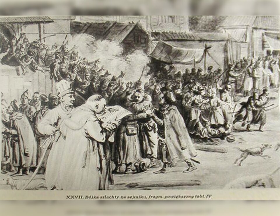 Na rycinie przedstawiono scenę zbiorową. Duża grupa szlachciców toczy ze sobą zażartą dyskusję. Na pierwszym planie znajduje się dwóch mężczyzn. Jeden z nich, stojący prawym bokiem do widza czyta gazetę. Mężczyzna stojący obok niego przygląda się czytającemu oraz trzyma prawą rękę opartą na biodrze. Po prawej stronie biega pies.