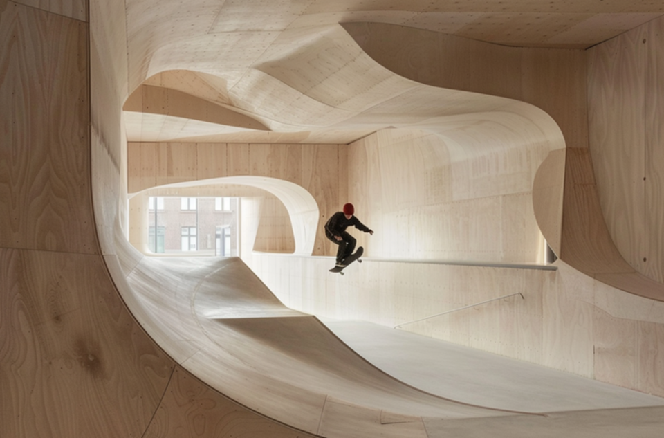 Na zdjęciu widzimy podłużne pomieszczenie, które jest naokoło wyłożone drewnianą, wypolerowaną boazerią o różnych, falujących kształtach. Jest ono przeznaczone do uprawiania jazdy wyczynowej na deskorolkach, łyżworolkach i innych sprzętach wyczynowych. Na środku ilustracji widzimy podrywającą się w powietrze osobę na deskorolce, ubraną w gruby, czarny strój i czerwony kask. 