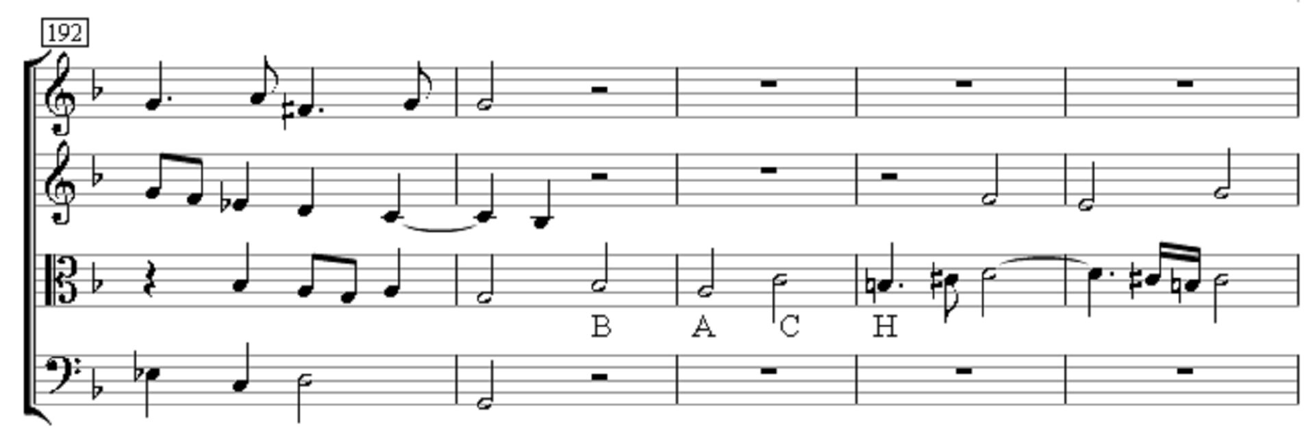 Ilustracja przedstawia zapis nutowy na pięciolinii - Johann Sebastian Bach, „Kunst der Fuge – temat BACH”.