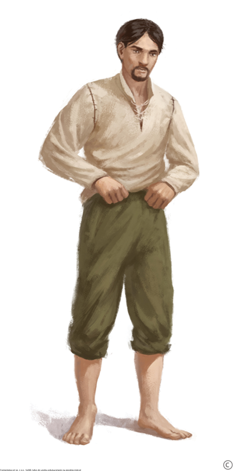 Na rysunku stoi brodaty mężczyzna. Ubrany jest w koszulę i spodnie. Przytrzymuje dłońmi spodnie w pasie. Ma bose stopy.