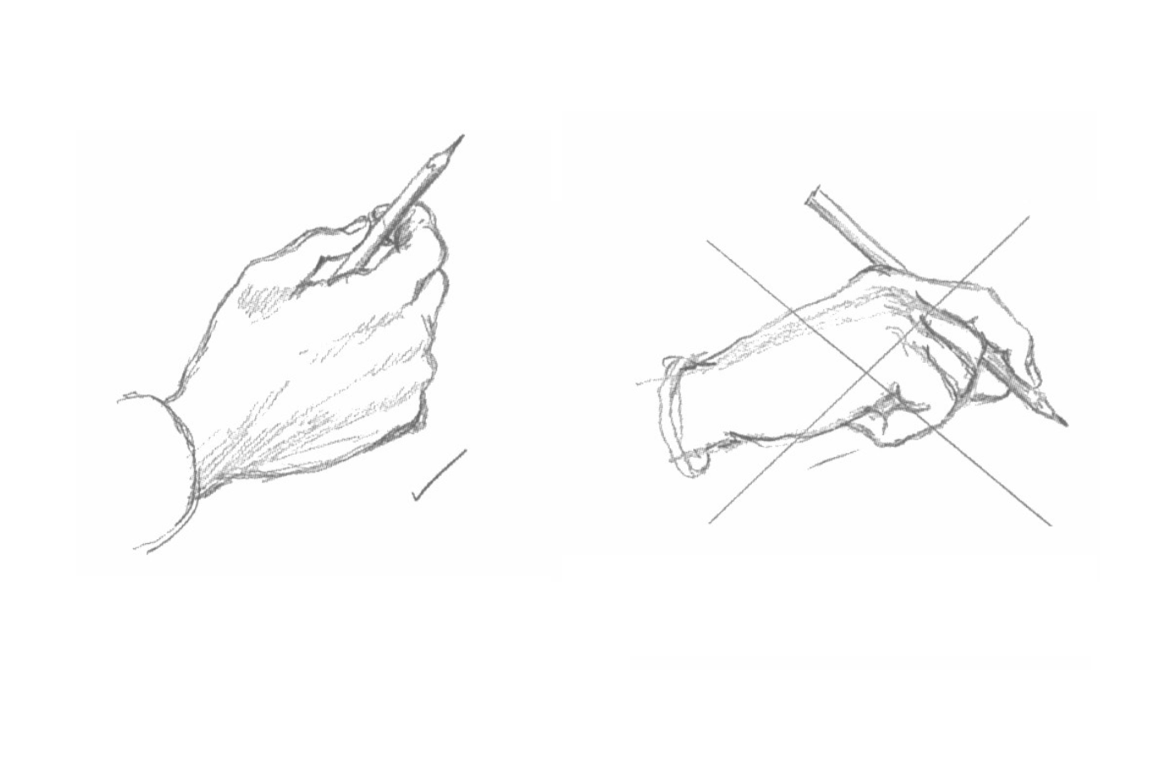 Ilustracja przedstawia dwa sposoby trzymania ołówka w dłoni - poprawny oraz niepoprawny. Poprawny sposób trzymania ołówka znajduje się po lewej stronie i polega na trzymaniu ołówka luźno w dłoni, rysikiem kierując w górę. Dłoń jest ułożona prostopadle od podłogi. Cztery palce są lekko rozprostowane i ułożone w jednej linii, a kciuk znajduje się blisko palca wskazującego. Po prawej stronie ukazany został nieprawidłowy sposób trzymania ołówka. Dłoń jest ułożona równolegle do podłoża. Dłoń jest ściśnięta w pięść, a palec wskazujący wyciągnięty jest do przodu i oparty o ołówek. Rysunek jest przekreślony.