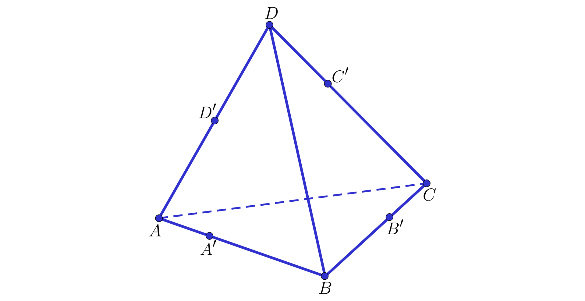 Grafika przedstawia czworokąt, którego wierzchołki to A, B, C oraz D. Na krawędzi AB zaznaczono punkt A prim. Na krawędzi BC zaznaczono punkt B prim. Na krawędzi AD zaznaczono punkt d prim, a na krawędzi CD zaznaczono punkt C prim.