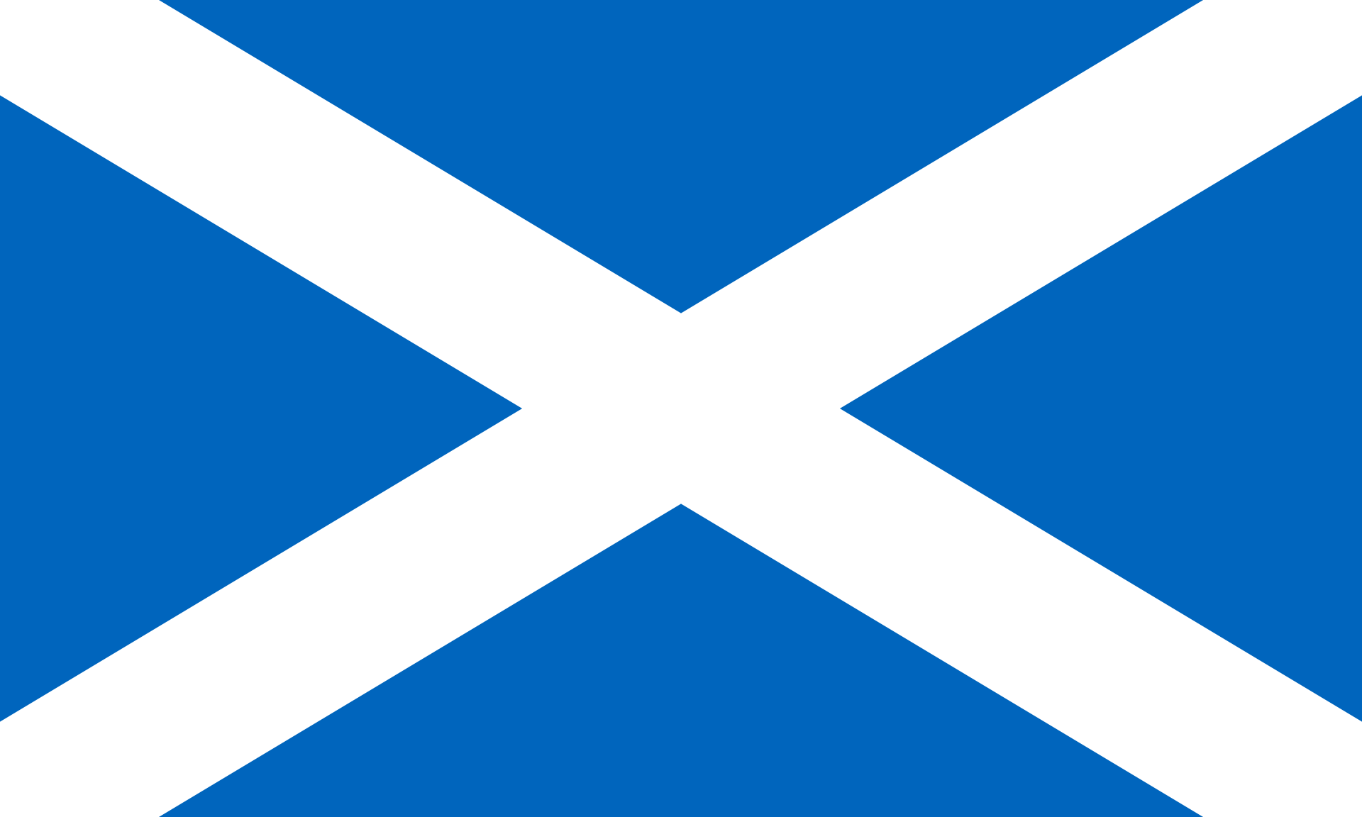 Grafika przedstawia flagę Szkocji. Na błękitnym tle widnieją dwa białe pasy, biegnące od wierzchołów flagi. Pady przecinają się na środku flagi.