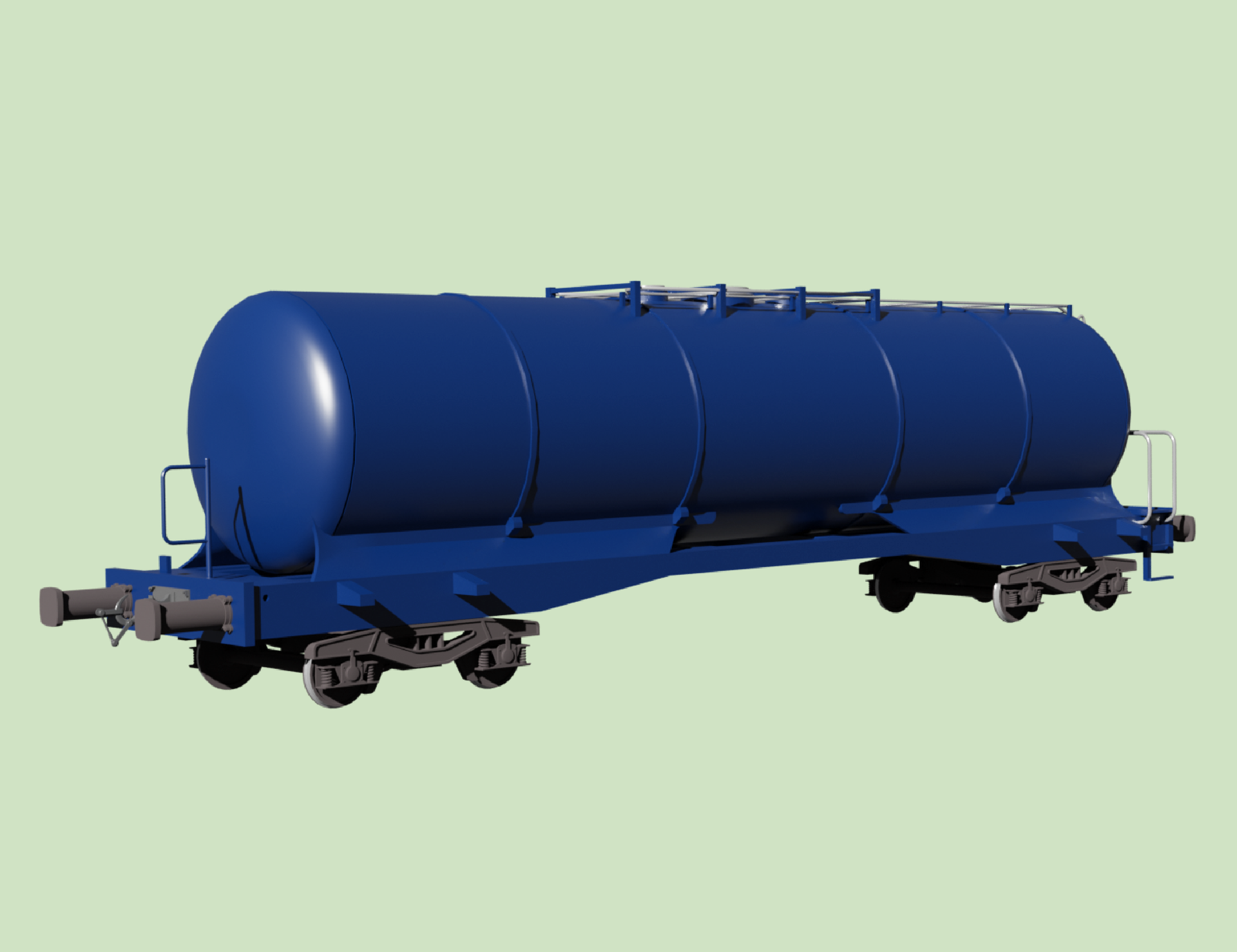 Grafika przedstawia wagon cysternę. Ma kształt długiego walca położonego na podwoziu osadzonym na dwóch wózkach jezdnych.