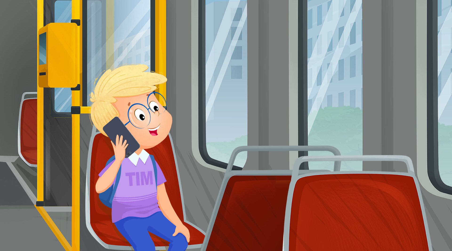 Na ilustracji znajduje się chłopiec jadący tramwajem