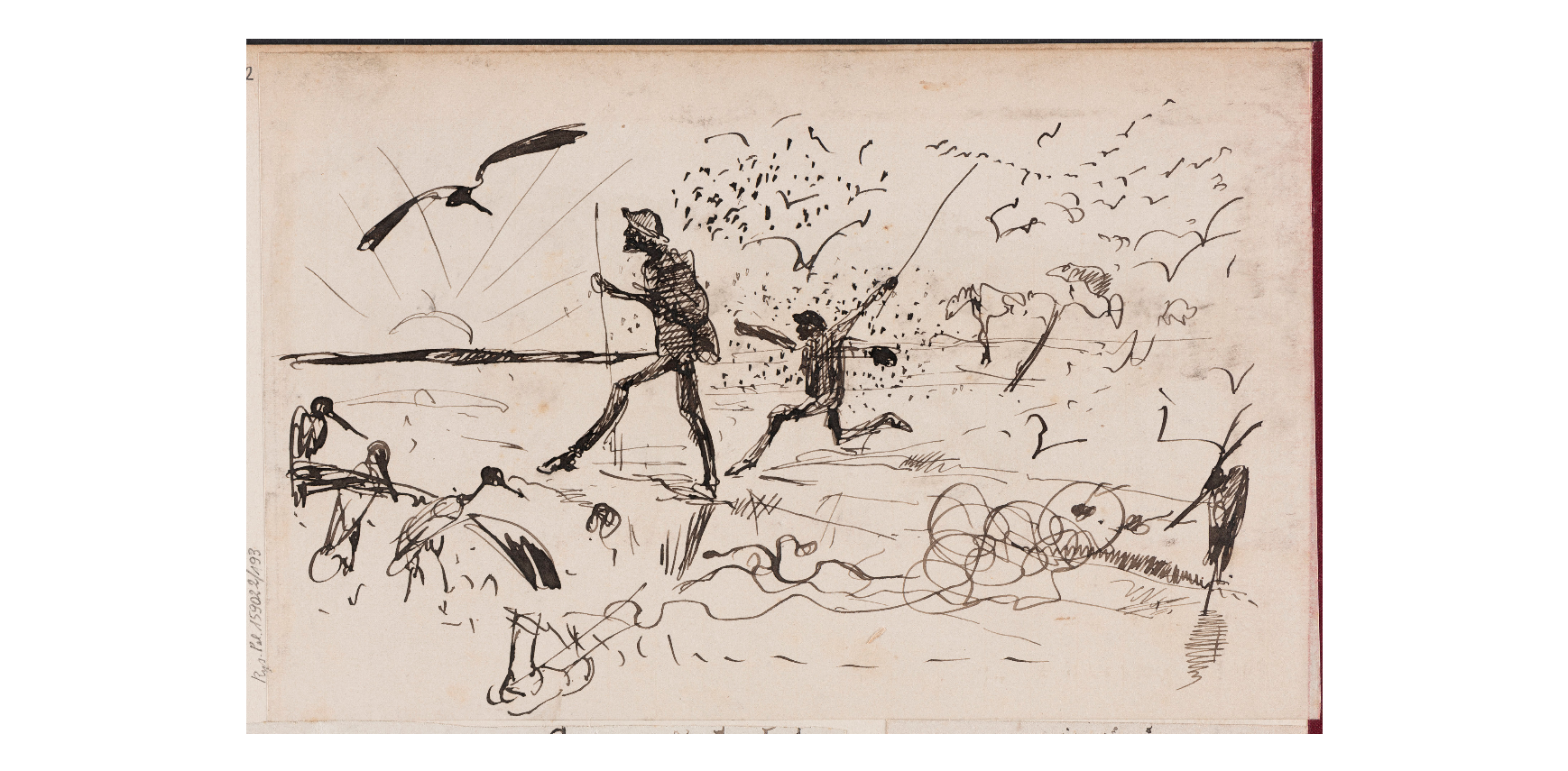 Ilustracja przedstawia szkic. Ukazuje on dwóch wędrowców. Postaci noszą na głowach kapelusze. W dłoniach trzymają długie kije. Mężczyzna idący z przodu jest wysoki. Ma długie nogi i stawia długie kroki. Podpiera się o kij. Za nim biegnie drugi, znacznie niższy mężczyzna. Nad jego głową fruwają ptaki i owady. Mężczyzna unosi kij, aby je odstraszyć. Po prawej stronie ukazany jest strach na wróble. Po lewej stronie ukazana jest gałąź, na której siedzą ptaki. W tle ukazane jest zachodzące słońce.
