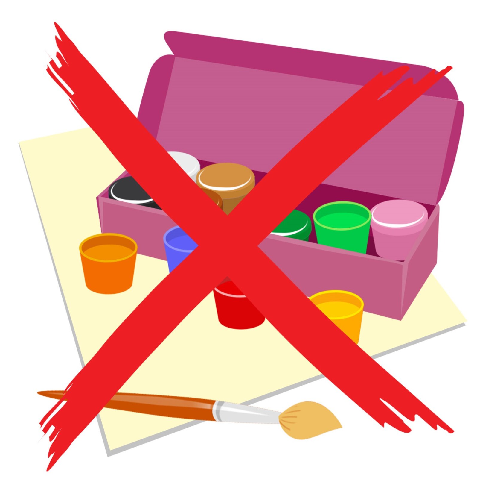 Ilustracja przedstawia zestaw farbek i pędzelek. Pudełko z farbami jest przekreślone na czerwono.