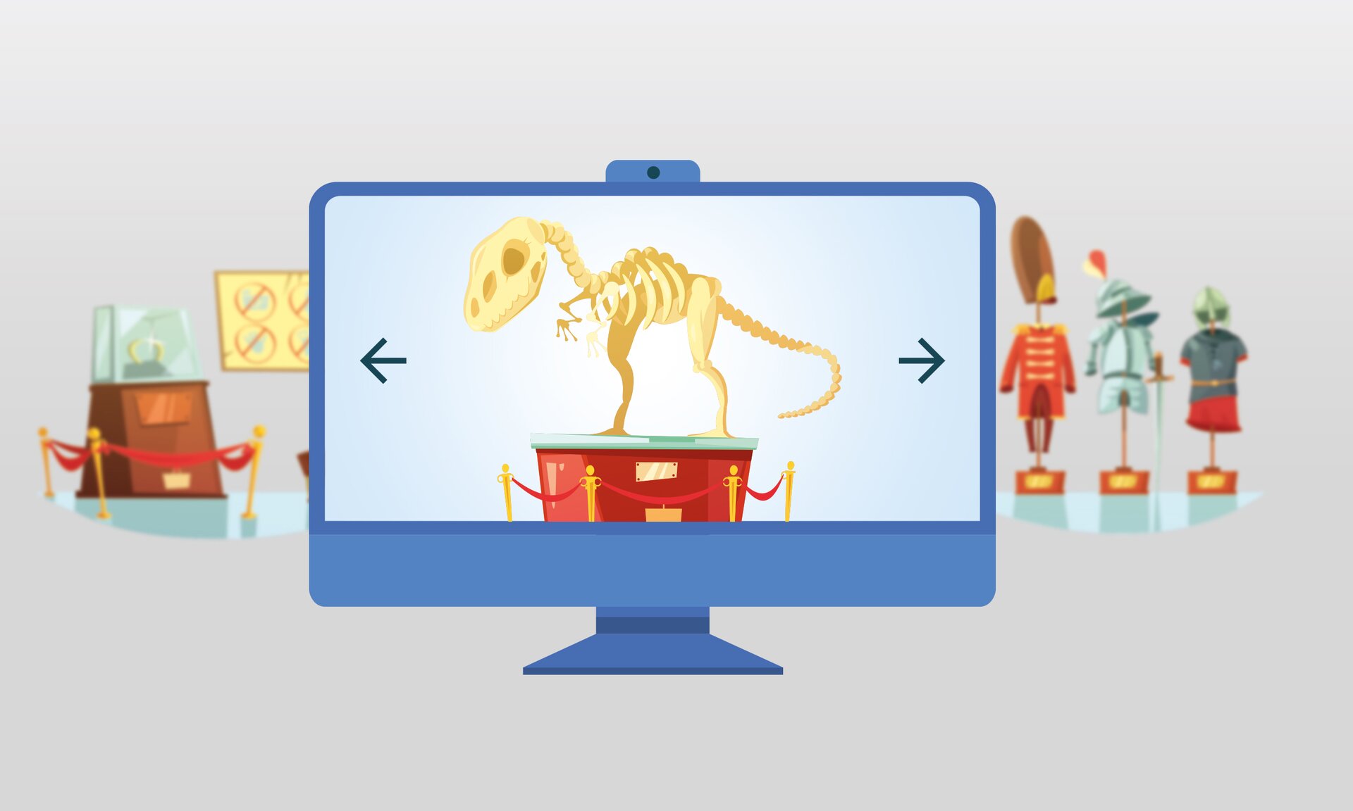 Grafika przedstawia monitor komputera, na którym ukazano szkielet dinozaura, T‑rexa. Po obu stronach eksponatu są strzałki, wskazujące zewnętrzne kierunki w lewo oraz w prawo. W tle, za monitorem są inne eksponaty muzealne, między innymi zbroje i gabloty.