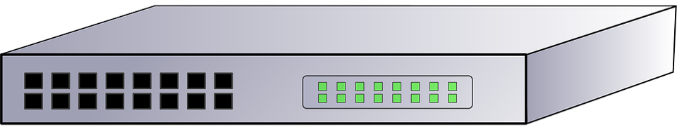 Ilustracja przedstawia switch, zawiera on dużą ilość portów ethernet, jak i led informujących o stanie połączenia.