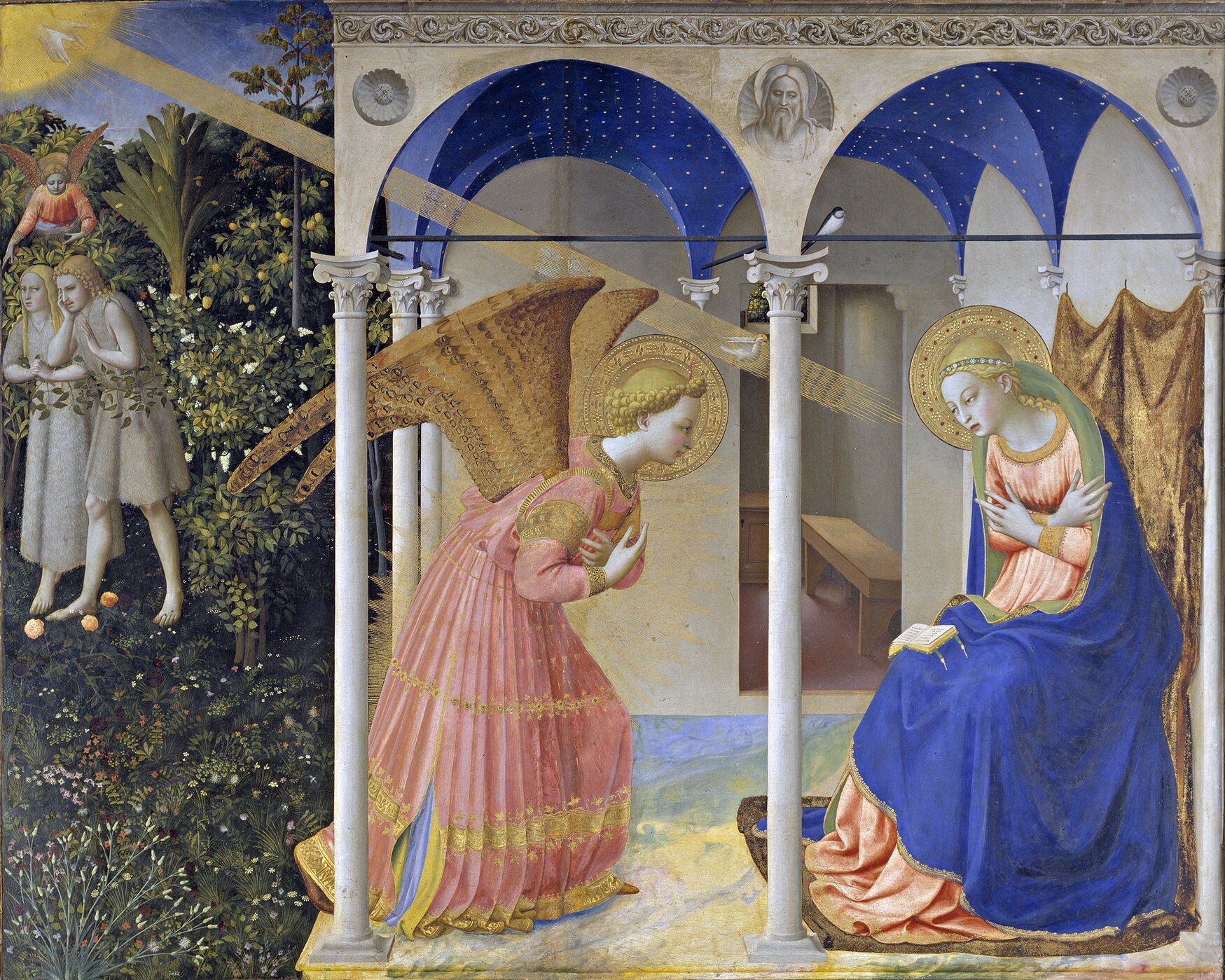 Obraz przedstawia młodą kobietę siedzącą na krużganku domu. Przed kobietą przyklęka anioł. Na kobietę pada z nieba jasny promień słońca, wskazując ją.