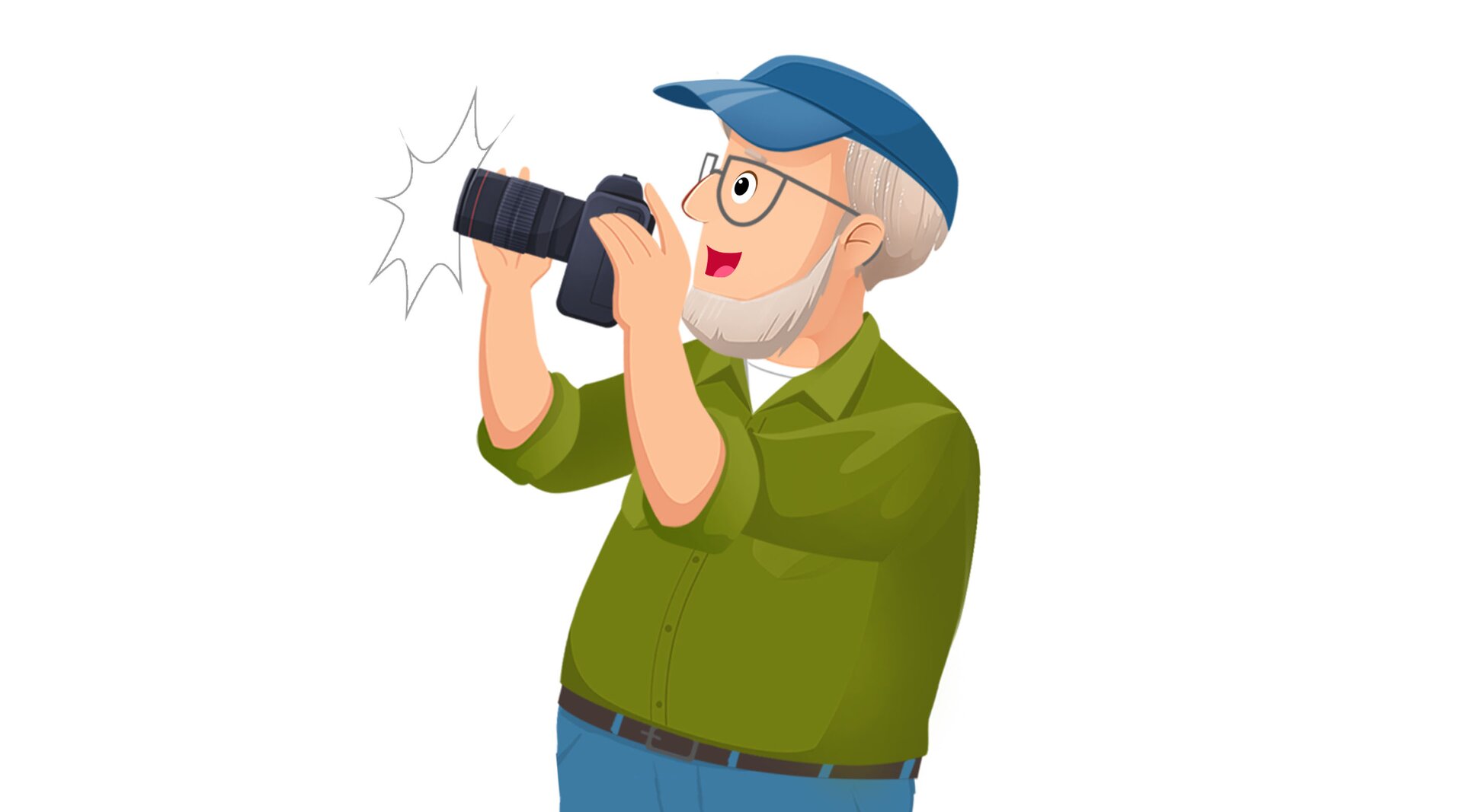 Ilustracja przedstawia starszego pana robiącego zdjęcie aparatem fotograficznym.