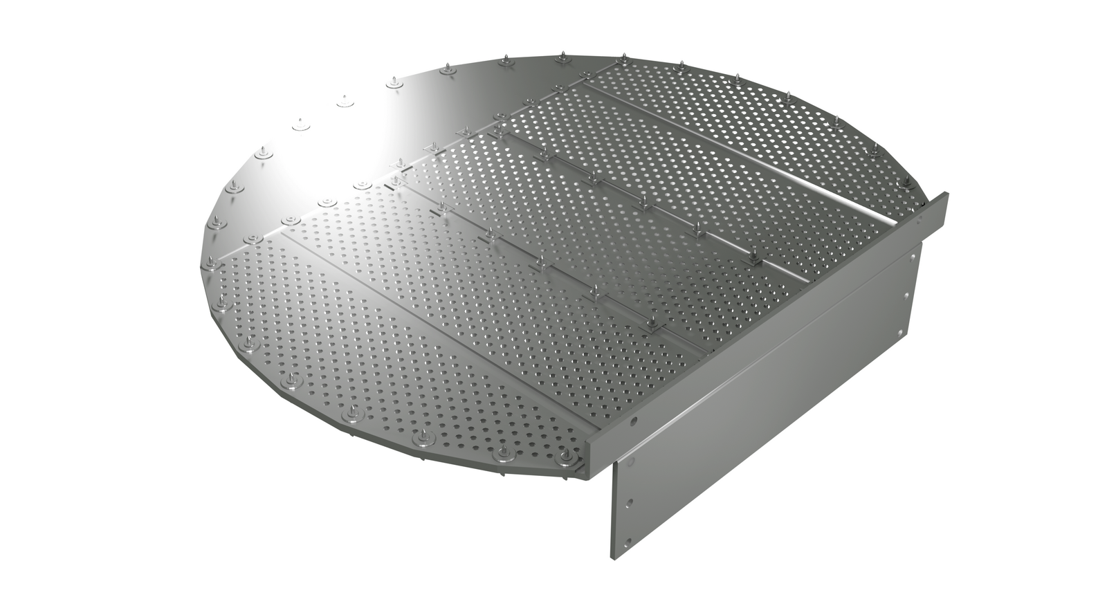 Na zdjęciu przedstawiono półkę perforowaną.Widoczna półka jest okrągła. Środek okręgu stanowi blacha w której wykonane są otworki. Otworki są równomiernie rozmieszczone na całej powierzchni półki.