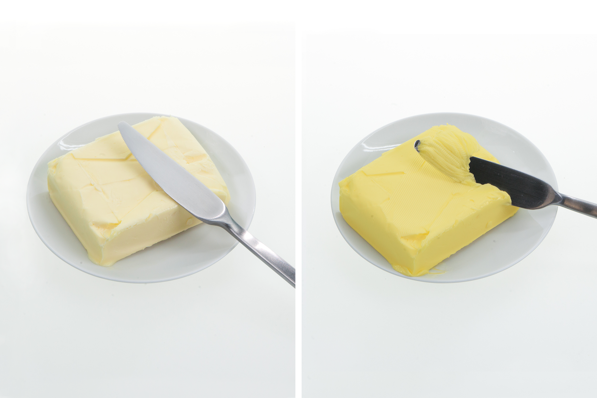 Kolaż dwóch zdjęć. Na zdjęciu po lewej stronie znajduje się biały talerz, na którym leży kostka masła w kolorze bladożółtym, a na niej oparty jest srebrny nóż. Na zdjęciu po prawej stronie również znajduje się biały talerz, na którym leży kostka zjełczałego masła. Świadczy o tym jej barwa, ponieważ w porównaniu z masłem po lewej stronie, masło na zdjęciu po prawej stronie jest ciemniejsze i żółty kolor jest bardziej intensywny. Z prawej strony kostki znajduje się srebrny nóż, którym nabierana jest porcja masła.