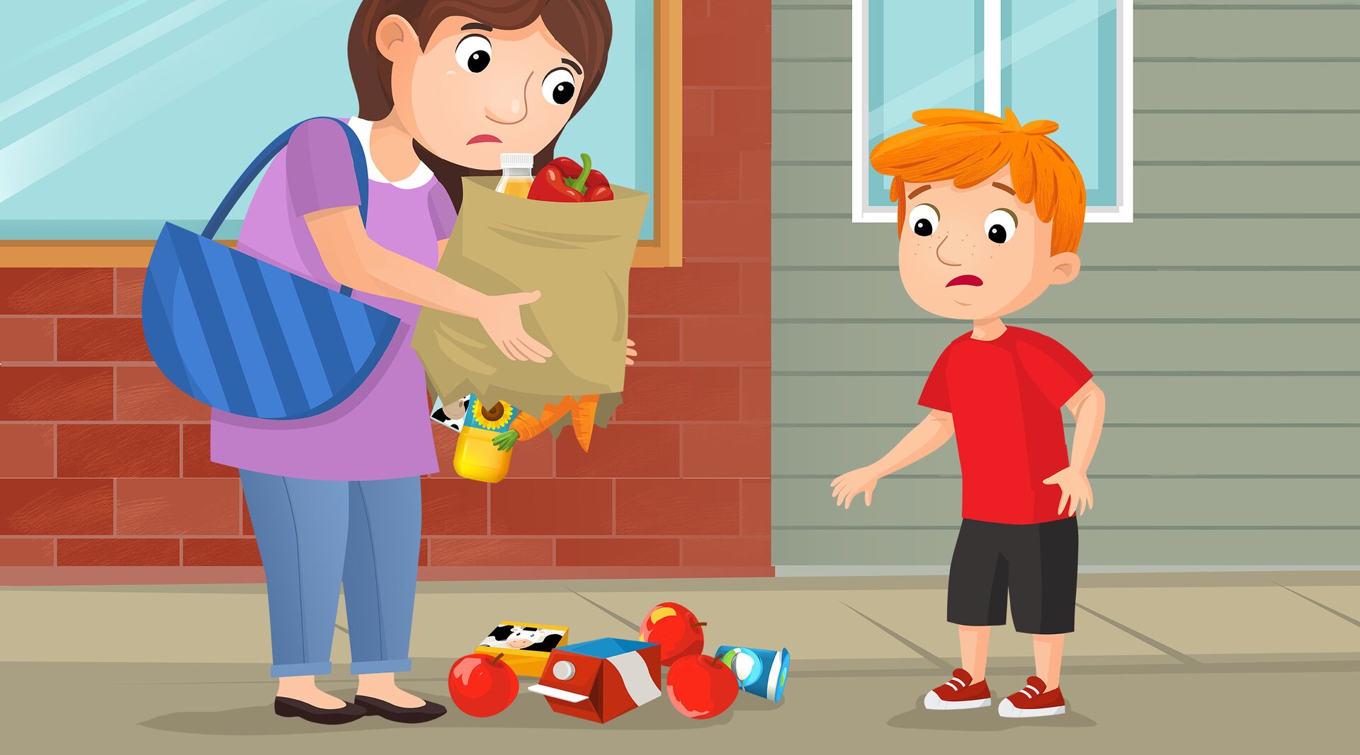 Ilustracja przedstawia kobietę i chłopca, którzy zasmuceni stoją nad rozsypanymi produktami, wypadającymi z pękniętej torby.