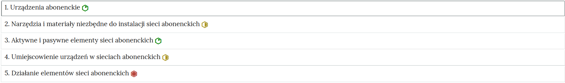 Ilustracja przedstawia przykładowy układ zakładek zawierających interaktywne materiały sprawdzające. Zakładki ułożone są jedna pod drugą, mają prostokątny kształt. Obok numerów zakładek oraz tytułów widoczne są oznaczenia poziomu trudności zadań w postaci różnokolorowych sześciokątów.