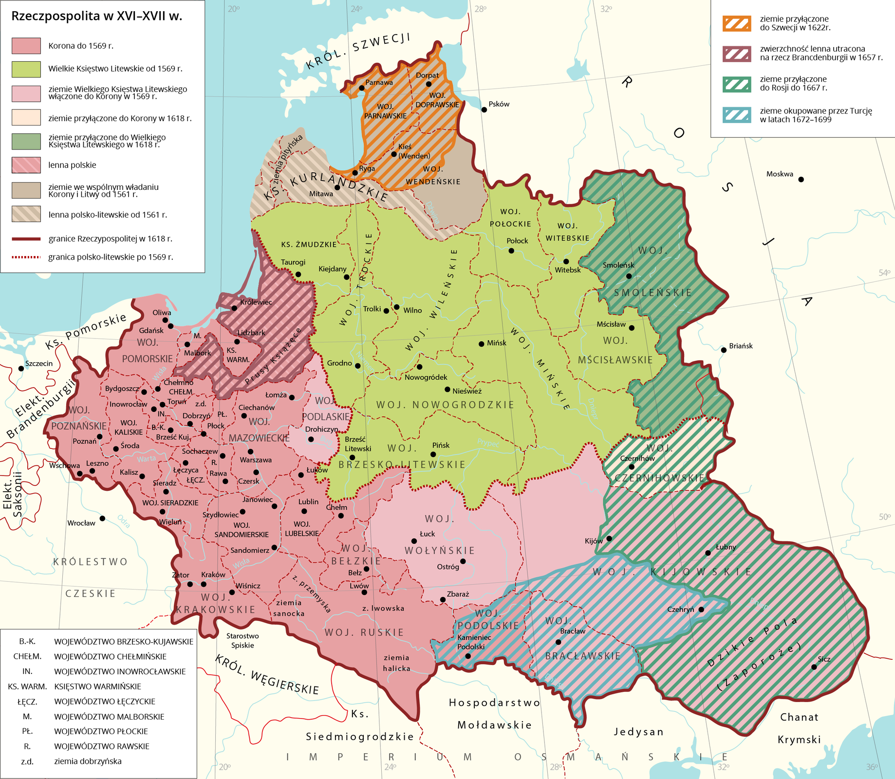 Mapa przedstawia ziemie Rzeczypospolitej w XVI i XVII wieku. Zaznaczono kolejno: ziemie przyłączone do Szwecji w 1622 r.: województwo parnawskie, doprawskie, Kieś, Ryga; zwierzchność lenna utracona na rzecz Brancdenburgii w 1657 r.: Prusy Książęce (Królewiec, Lidzbark); ziemie przyłączone do Rosji do 1667 r.: województwo czernihowskie, Łubny, Dzikie Pola (Zaporoże); ziemie okupowane przez Turcję w latach 1672‑1699: województwo podolskie, bracławskie, Czehryń. Korona do 1569r r.: woj. Pomorskie, mazowieckie, poznańskie, krakowskie, bełzkie, ruskie, podolskie. Wielkie Księstwo Litewskie od 1569 r.: Księstwo Żmudzkie, woj., trockie, wileńskie, nowogrodzkie, brzesko‑litewskie, połockie, witebskie, mścisławskie.