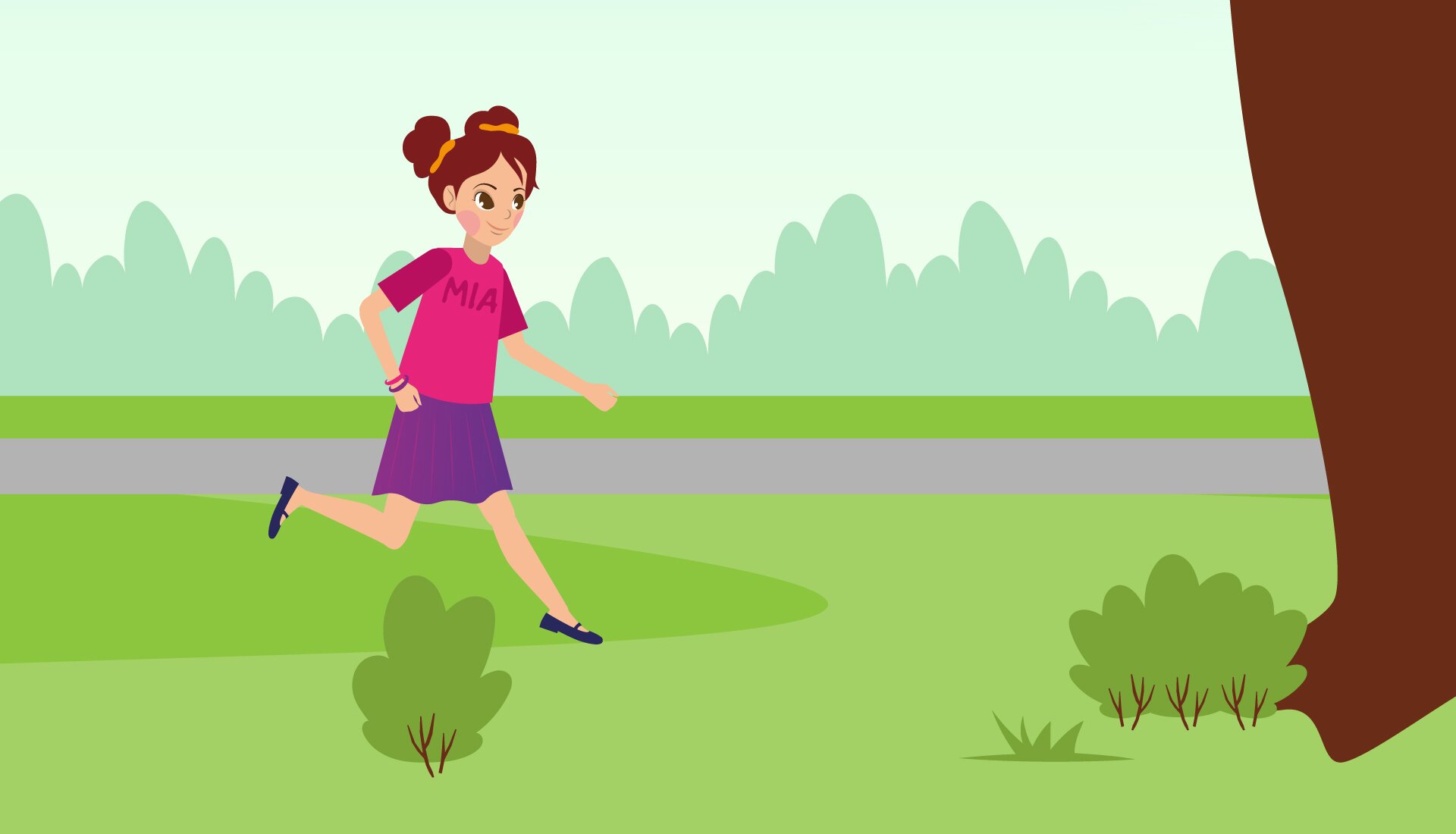 Ilustracja przedstawia dziewczynkę o imieniu  Mia  biegającą w parku po trawie, w stronę drzewa.
