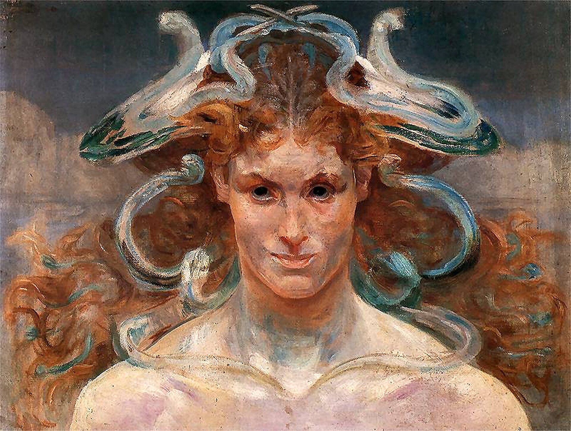 Ilustracja przedstawia obraz Jacka Malczewskiego pod tytułem „Meduza”. Ilustracja przedstawia rudowłosą kobietę, o długich włosach i męskim wyrazie twarzy. Z jej włosów wydobywają się węże. Kobieta jest przedstawiona tylko do piersi.