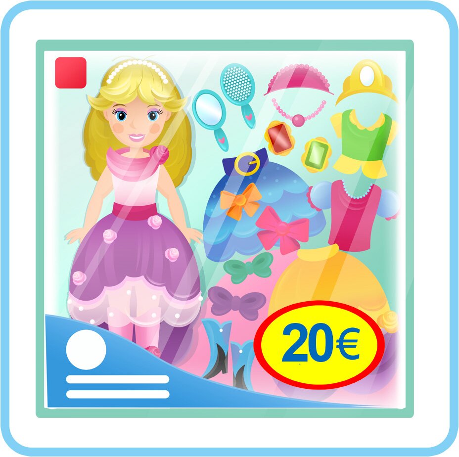  Ilustracja przedstawia pudełko z lalką. W pudełku są również akcesoria jak spódnice, bluzki, biżuteria i szczotka dla lalki. Na pudełku naklejono cenę dwadzieścia euro.