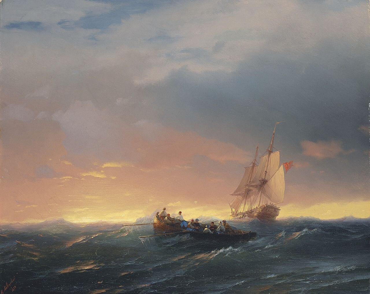 Statki na fali o zachodzie słońca Marina (pejzaż marynistyczny) Źródło: Iwan K. Ajwazowski, Statki na fali o zachodzie słońca, 1850, olej na płótnie, domena publiczna.