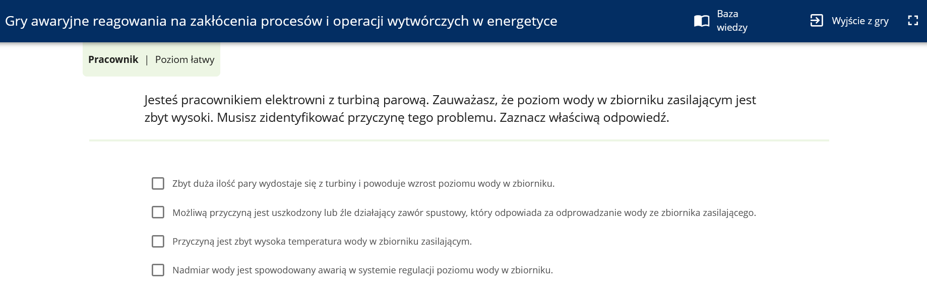 Ilustracja przedstawia widok przykładowego pytania w grze. Poniżej polecenia znajdują się odpowiedzi, spośród których należy wybrać właściwą/właściwe. 