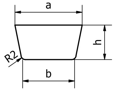 Na ilustracji przedstawione są wymiary wlewów doprowadzających wysokich, mm (WDwt). Przekrój wlewu doprowadzającego jest w kształcie prostopadłościanu równoramiennego, z dłuższą podstawą skierowaną ku górze oraz zaokrąglonymi dolnymi rogami. Wymiary są zaznaczone prostą zakończoną z obu stron grotami. Wymiar górnej podstawy jest zapisany jako długość a, wymiar podstawy krótszej jako b oraz wysokość jako h. Dodatkowo jest zaznaczone zaokrąglenie R2. 