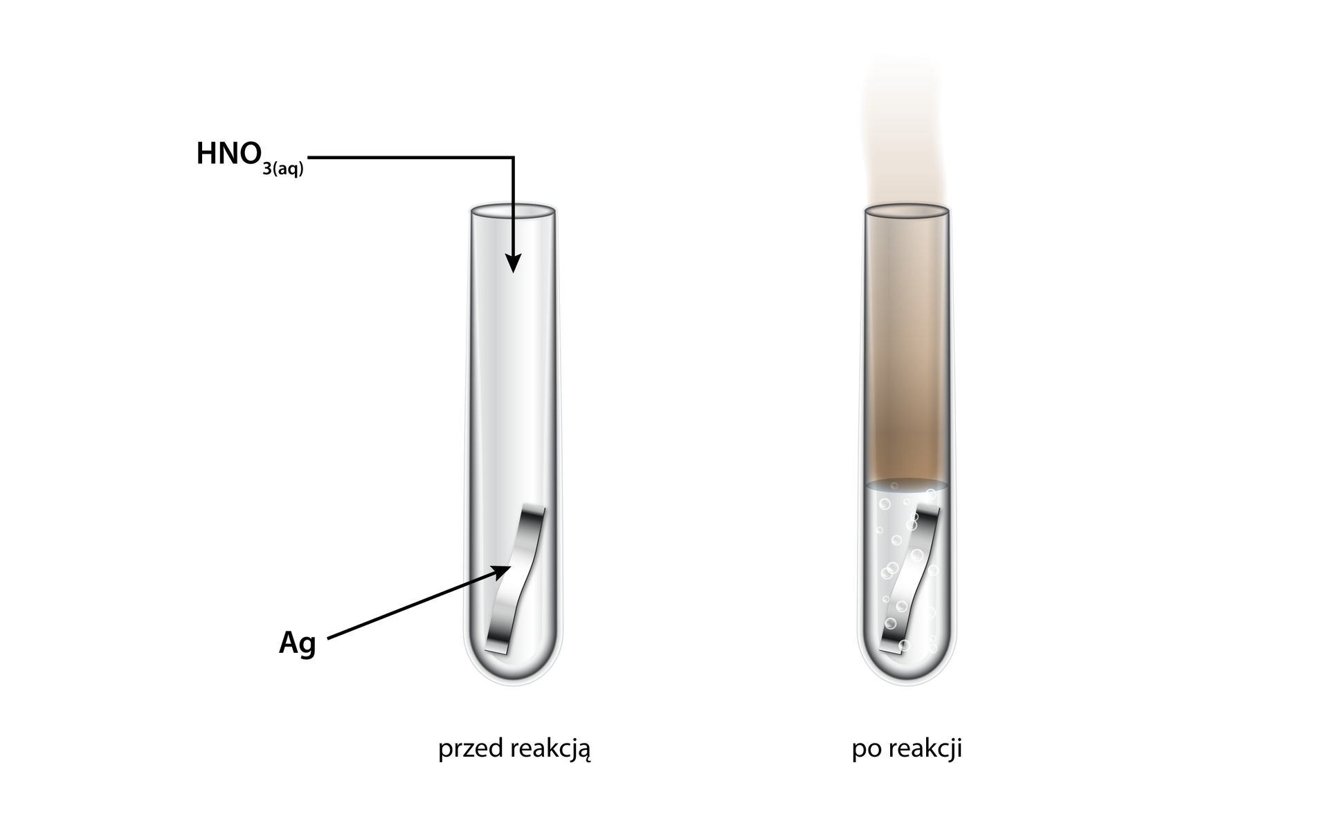 Schemat doświadczenia. Przedstawiono dwie probówki. Pierwsza przed reakcją z kawałkiem folii srebrowej. Do wnętrza probówki skierowana jest strzałka, nad strzałką wodny roztwór kwasu azotowego(V). Obok znajduje się probówka po dodaniu kwasu azotowego(V), z probówki wydostaje się gaz brązowiejący na powietrzu. 