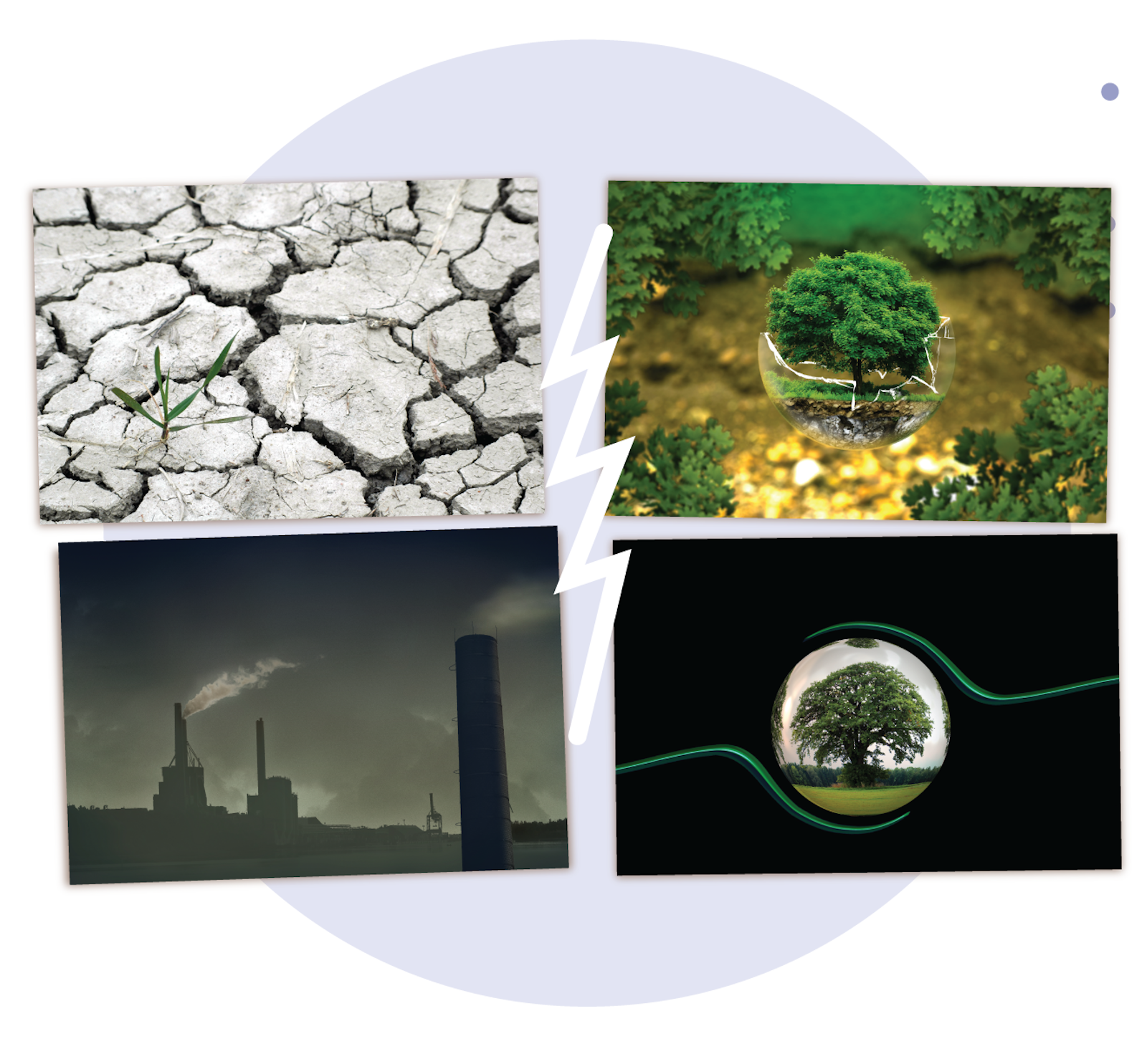 Ilustracja przedstawia kolaż składający się z czterech zdjęć pomiędzy którymi znajduję się grafika pioruna. Na pierwszym zdjęciu znajduje się fragment popękanej ziemi. Na kolejnym zarys kominów fabryki, z których leci dym. Na następnym grafika drzewa znajdującego się w pękniętej szklanej bańce. Na ostatnim drzewo w kółku okalanym z dwóch stron przez zielone linie.