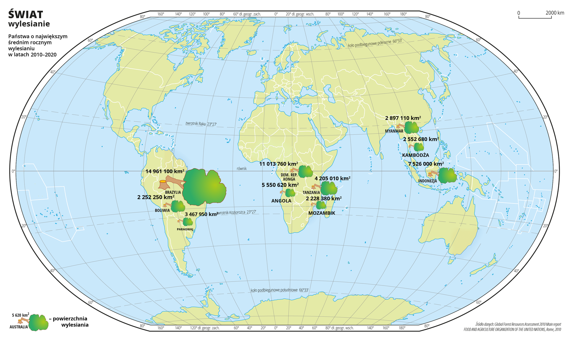 Ilustracja przedstawia mapę świata. Wody zaznaczono kolorem niebieskim. Na mapie za pomocą sygnatury ściętego drzewa przedstawiono państwa o największym średnim rocznym wylesieniu od dwa tysiące dziesiątego do dwa tysiące dwudziestego roku. Nad sygnaturą zapisano powierzchnię wylesienia w kilometrach kwadratowych oraz nazwę państwa. Mapa pokryta jest równoleżnikami i południkami, które opisano w białej ramce dookoła mapy co dwadzieścia stopni. Po lewej stronie mapy objaśniono sygnaturę użytą na mapie. Przedstawione dane na mapie: Brazylia – 14961100 kilometrów kwadratowych; Boliwia – 2252250 kilometrów kwadratowych; Paragwaj - 3467950 kilometrów kwadratowych; Demokratyczna Republika Konga – 11013760 kilometrów kwadratowych; Angola – 5550620 kilometrów kwadratowych; Tanzania – 4205010 kilometrów kwadratowych; Mozambik – 2228380 kilometrów kwadratowych; Myanmar – 2897110 kilometrów kwadratowych; Kambodża – 2552680 kilometrów kwadratowych; Indonezja – 7526000 kilometrów kwadratowych.