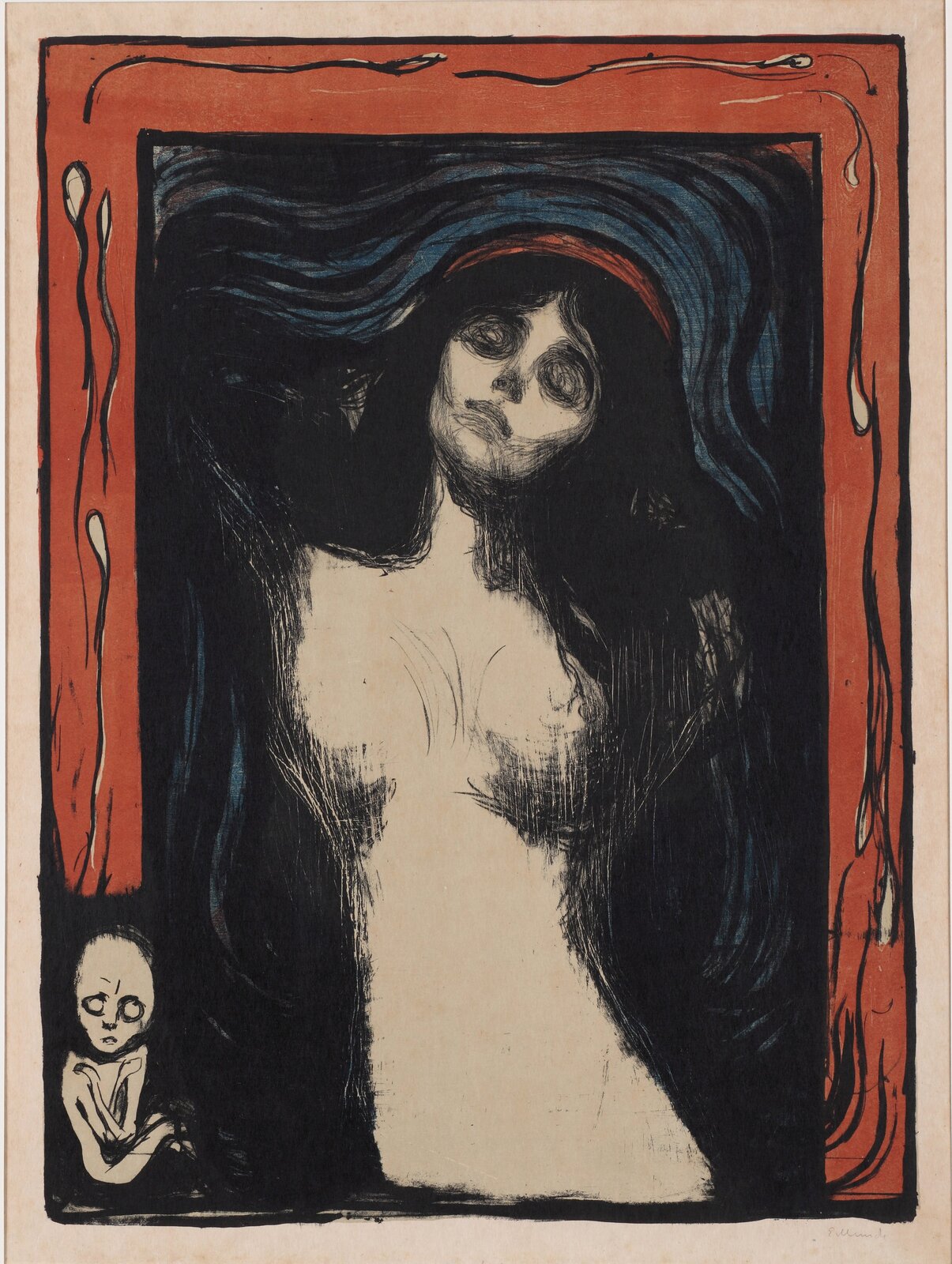 Ilustracja o kształcie pionowego prostokąta przedstawia litografię  Edwarda Muncha „Madonna”. Powstała na podstawie obrazu olejnego o tym samym tytule. Ukazuje nagą kobietę zaplatającą ręce za plecami.  Madonna ukazana w momencie ekstazy. Jej głowa z długimi, rozkładającymi się na ramiona, ciemnymi włosami, odchylona jest do tyłu. Jedną rękę ma założoną za siebie, prawa, zgięta w łokciu sięga za głowę.  Jedynym akcentem, który podkreśla sakralny wymiar dzieła jest ledwie widoczna aureola. Tło obrazu to okalające postać linie. 