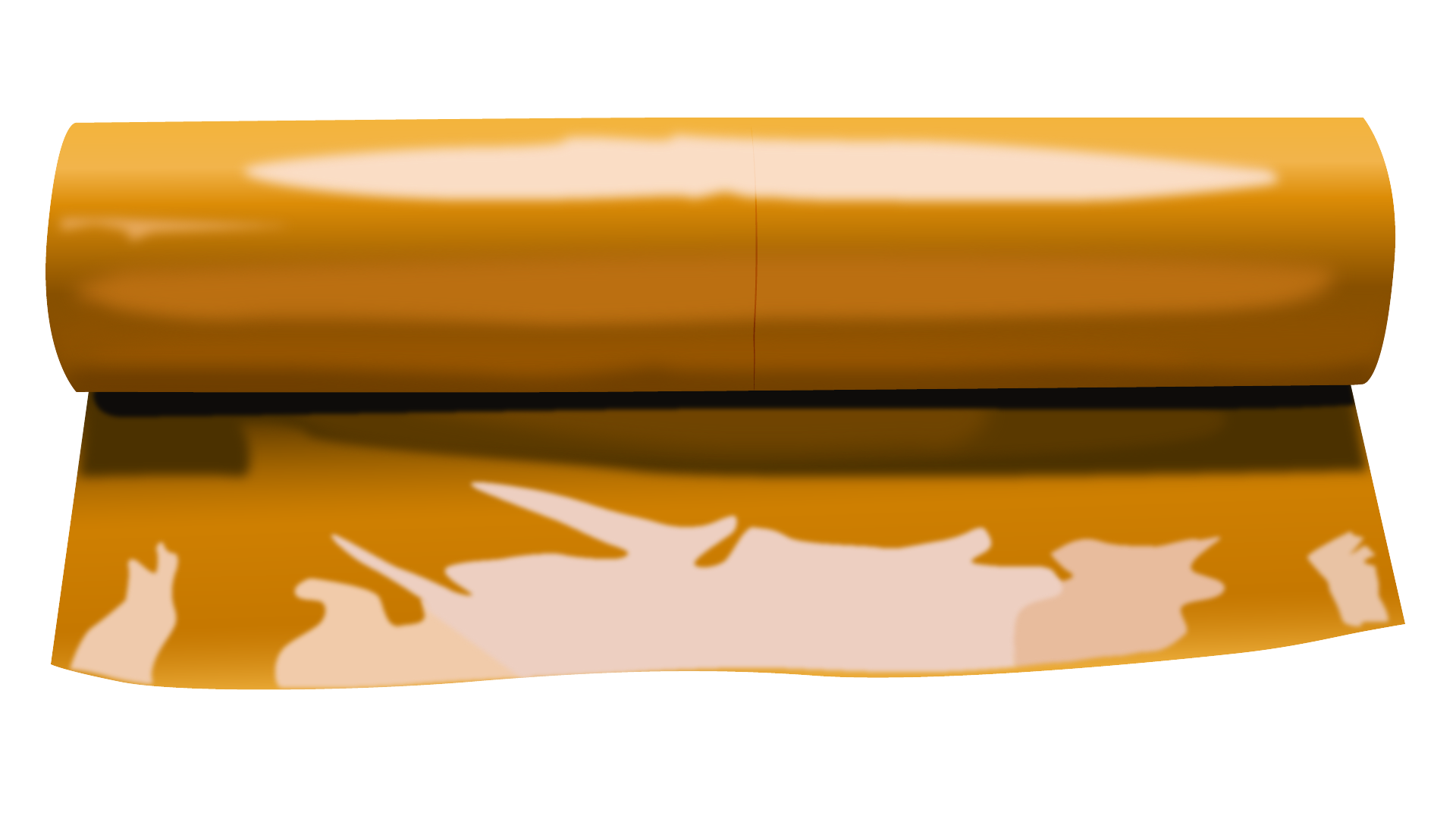 Zdjęcie przedstawia przykładową folię PE. Widoczna jest w poziomie częściowo zwinięta rola folii w kolorze pomarańczowym, błyszczącym.