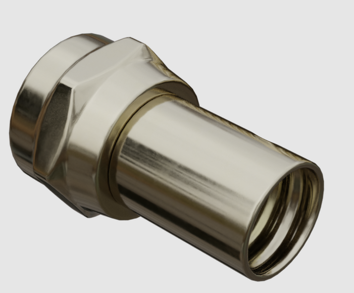 Zdjęcie przedstawia dwa stalowe złącza. Mają cylindryczny kształt. Jedno z nich na zewnątrz na całej powierzchni posiada widoczny gwint oraz przytwierdzoną śrubkę, która umożliwia przekręcanie złącza. Drugie ma gładką powierzchnię.