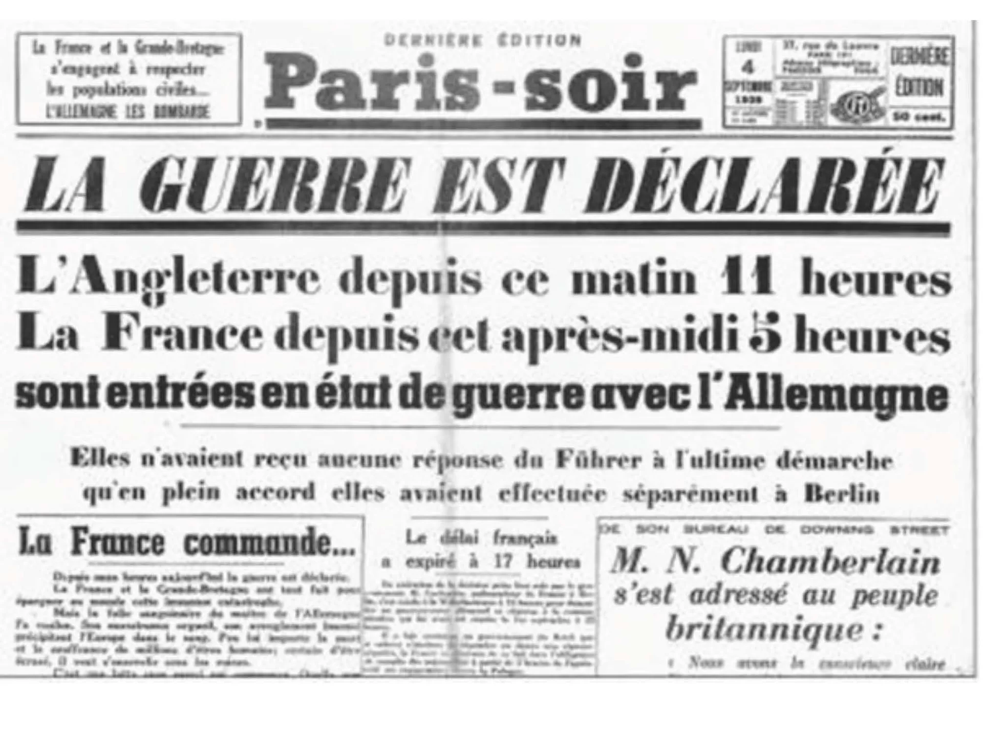 Zdjęcie ukazuje pierwszą stronę gazety Paris‑soir. Główny artykuł nosi tytuł: La guerra est déclarée. 