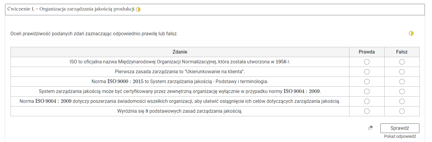 Zdjęcie przedstawia otwartą zakładkę z przykładowym zadaniem. Pod nazwą zakładki znajduje się polecenie. Pod poleceniem widać treść zadania z odpowiedziami do wyboru. Po prawej stronie polecenia widać żółty sześciokąt. Poniżej zadania, po prawej stronie panelu znajduje się ikona sprawdź. Po jej lewej stronie widać symbol gumki. Poniżej przycisku sprawdź znajduje się napis pokaż odpowiedź.