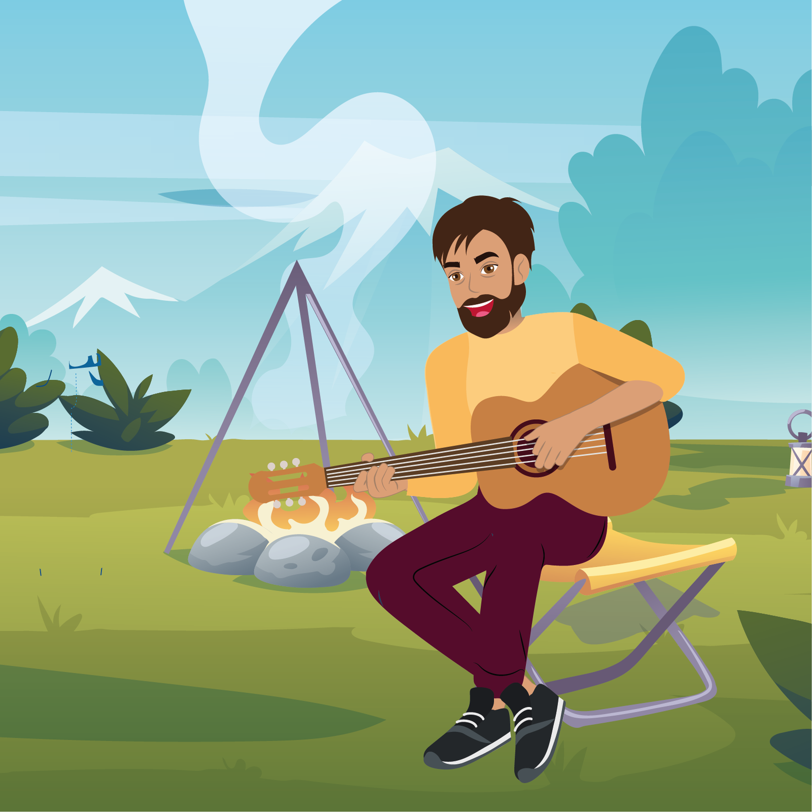 Ilustracja przedstawia tatę Mii, siedzącego na rozkładanym krzesełku, trzymającego w ręku gitarę. Za  mężczyzną, widocznie jest ognisko otoczone kamieniami.