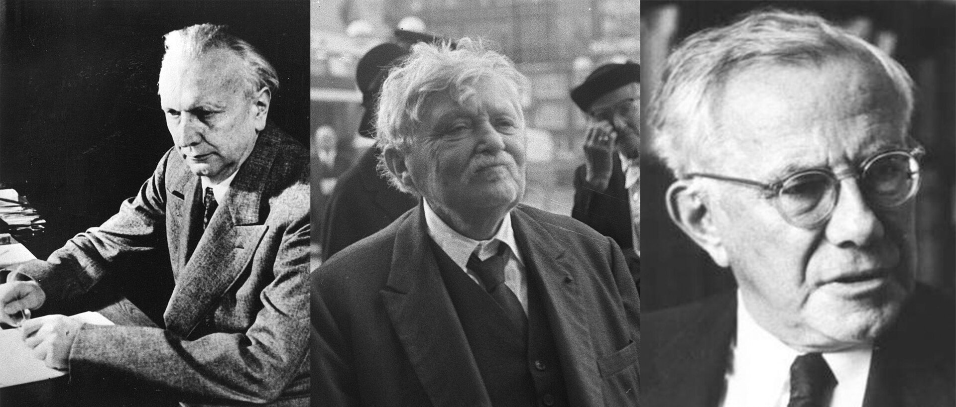 Ilustracja składa się z trzech zdjęć. Pierwsze zdjęcie przedstawia starszego, łysiejącego mężczyznę w garniturze, który siedzi przy biurku. Drugie zdjęcie przedstawia starszego mężczyznę w garniturze, który ma roztrzepane włosy oraz krótkie wąsy. Trzecie zdjęcie przedstawia starszego mężczyznę z zaczesanymi do tyłu, krótkimi włosami, założonymi okularami oraz zmarszczkami na twarzy.