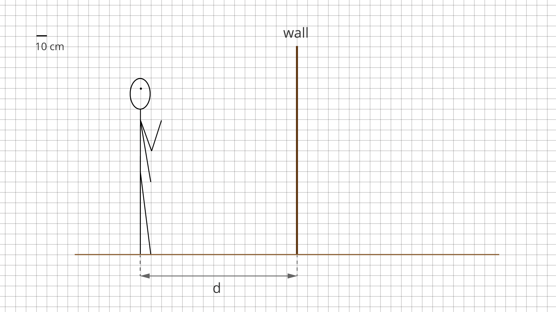 Na tle kratkowanej kartki narysowana jest linia opisana wall symbolizująca ścianę, na której ma być zawieszone lustro. Po lewej stronie i w pewnej odległości d od lustra jest schemat stojącej postaci. Długość jednej kratki ma 10 centymetrów.