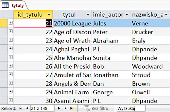 Ilustracja przedstawia tabelę. Są cztery kolumny: id_tytulu, tytul, imie_autora, nazwisko_autora. Nad tabelą po lewej stronie zakładka o nazwie tytuly. Zaznaczono pierwszą komórkę pierwszej kolumny. Tam liczba 21. 