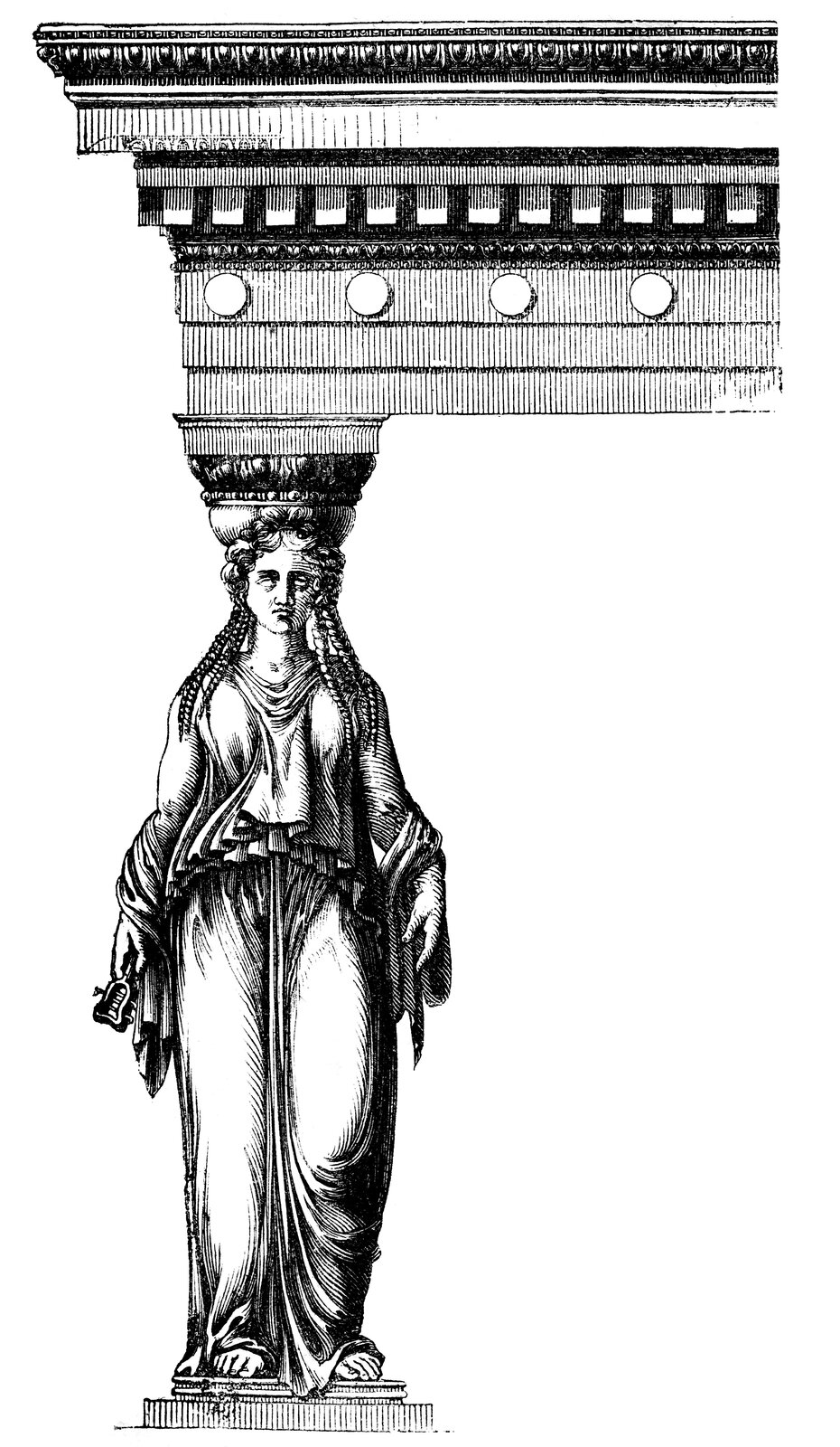 Ilustracja przedstawiająca ornament: kariatyda. Element dekoracyjny naszkicowany jest czarnym kolorem. Kolumne tworzy stojąca kobieta, która trzyma dach.