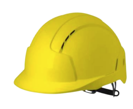 Na grafice zaprezentowano żółty kask ochronny z paskami zabezpieczającymi przed spadnięciem z głowy.