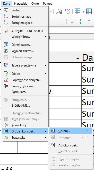 Ilustracja przedstawia fragment arkusza LibreOffice Calc. Widoczne są kolumny wypełnione danymi. Na tle danych znajduje się rozwinięte menu karty Dane z zaznaczoną opcją Grupa i konspekt, Grupuj.