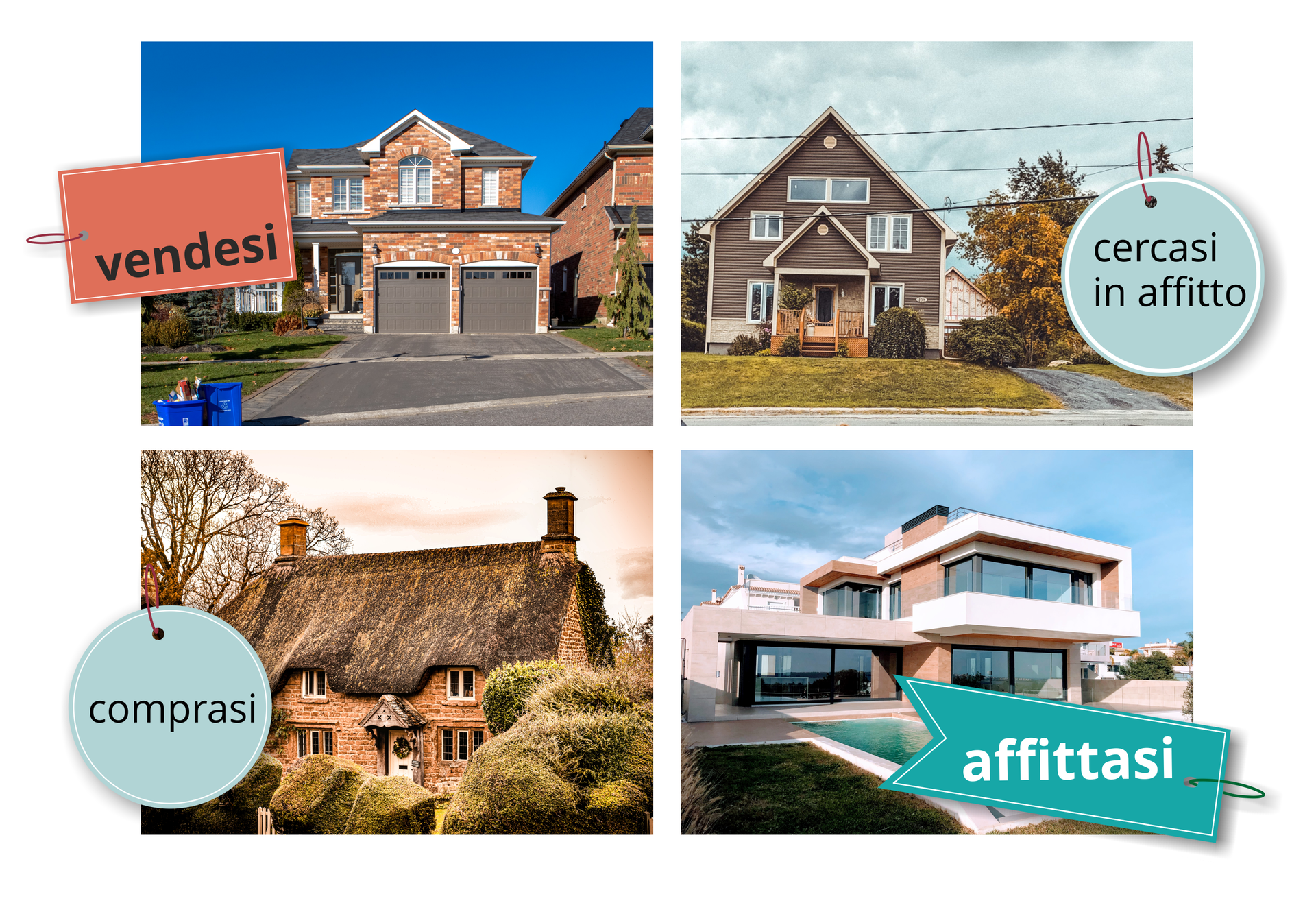 Ilustracja składa się z czterech zdjęć przedstawiających różne typy domów. Do każdego zdjęcia dołączona jest przywieszka z napisem. Obok pierwszego domu po lewej u góry jest napis: "vendesi". Obok drugiego domu po prawej u góry jest napis: "cercasi in affitto". Obok domu po lewej na dole znajduje się napis: "comprasi". Obok domu po prawej na dole jest napis:"affittasi".