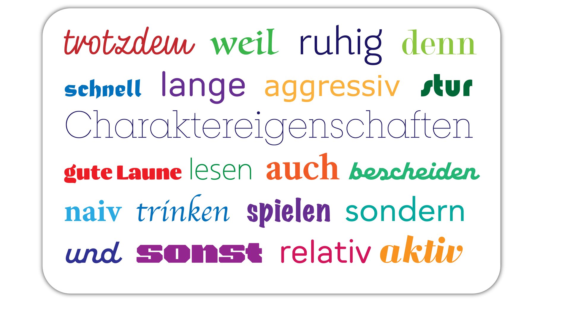 Ilustracja przedstawia słowa. trotzdem, weil, ruhig, denn, schnell, lange, aggresiv, stur, charaktereigenschaften, gute Launne, lesen, auch, bescheiden, naiv, trinken, spielen, sondern, und, sonst, relativ, aktiv