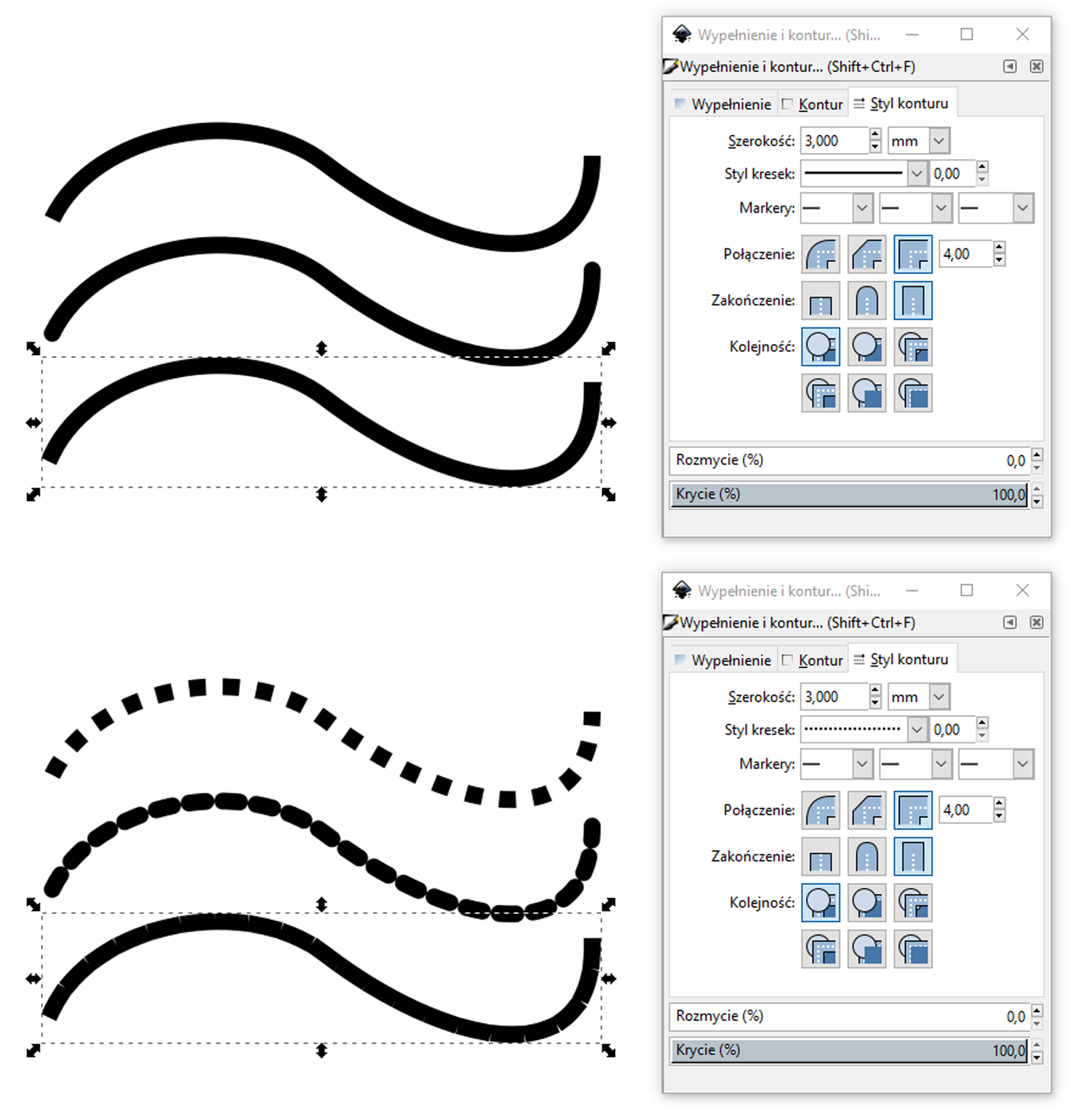 Zrzut ekranu przedstawia różnicę w ustawieniach stylu konturu na przykładzie krzywych. Na zrzucie widoczne są dwa zestawy zawierające po trzy krzywe, obok każdego z zestawów znajduje się okno dialogowe o nazwie wypełnienie i kontur. Pierwsze trzy krzywe są narysowane linią ciągłą. Styl kresek dla tych krzywych został ustawiony jako linia ciągła. Krzywe w drugim zestawie różnią się od siebie. Pierwsza z nich jest stworzona z linii przerywanej, druga budową przypomina łańcuch, trzecia jest linią ciągłą. Na panelu znajdującym się obok tego zestawu krzywych styl kresek został ustawiony jako linia przerywana. 