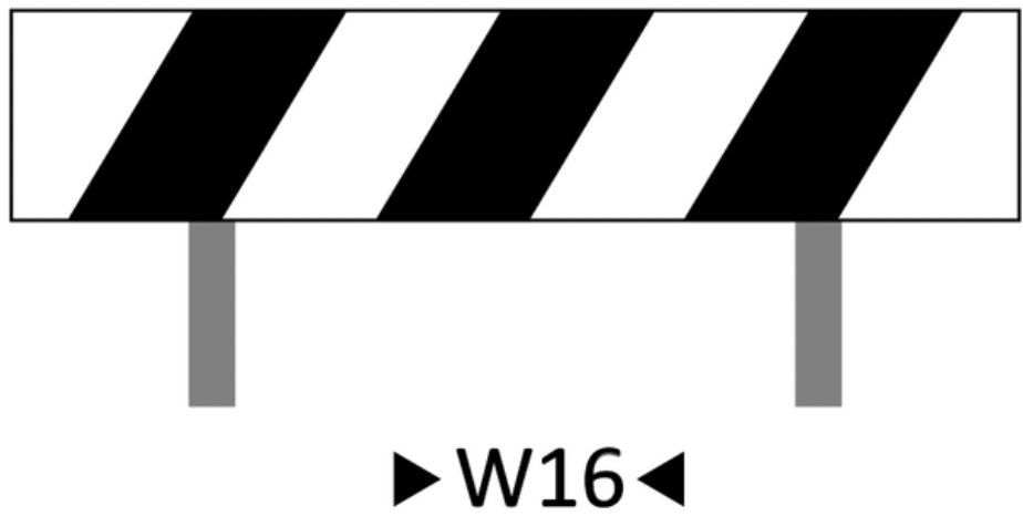 Wskaźnik wu szesnaście. Biała pozioma tablica z trzema czarnymi pasami, które są pod kątem ostrym, wznoszą się od lewej do prawej strony.